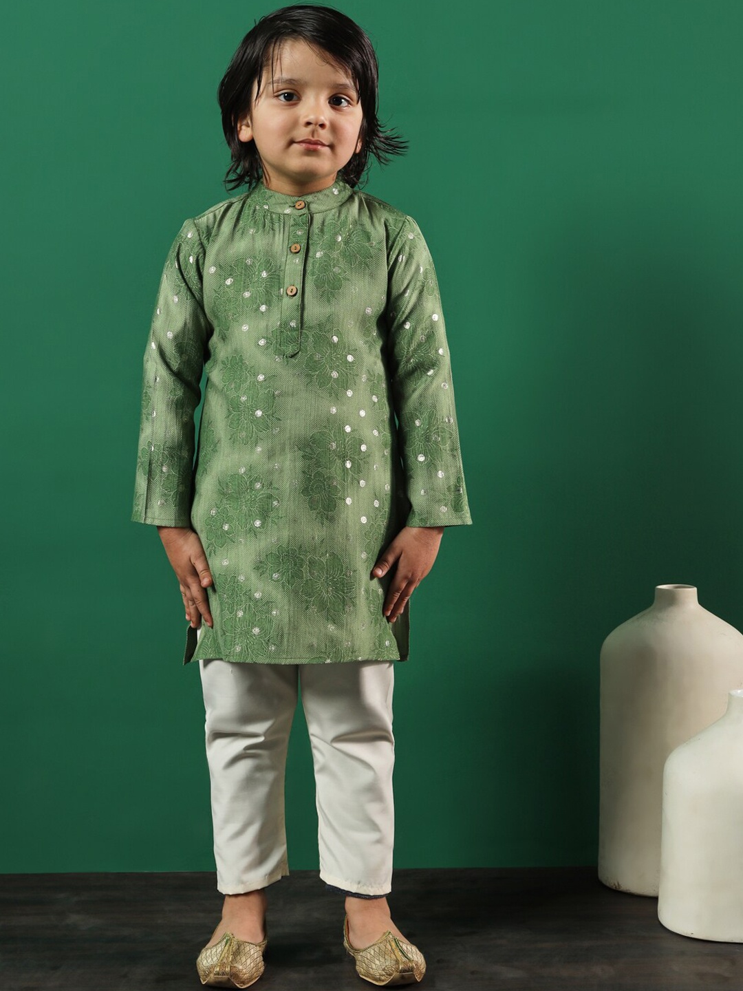 

Readiprint Boys Floral Woven Design Regular Pure Silk Kurta With Pyjamas, Green
