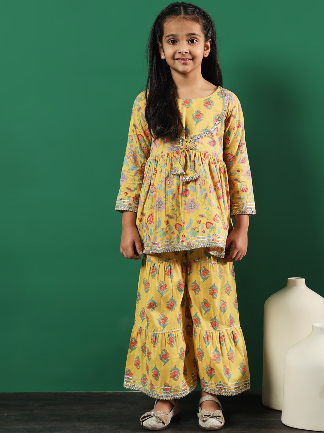 

Readiprint Fashions Girls Floral Printed Empire Gotta Patti Pure Cotton Kurti With Sharara, Yellow