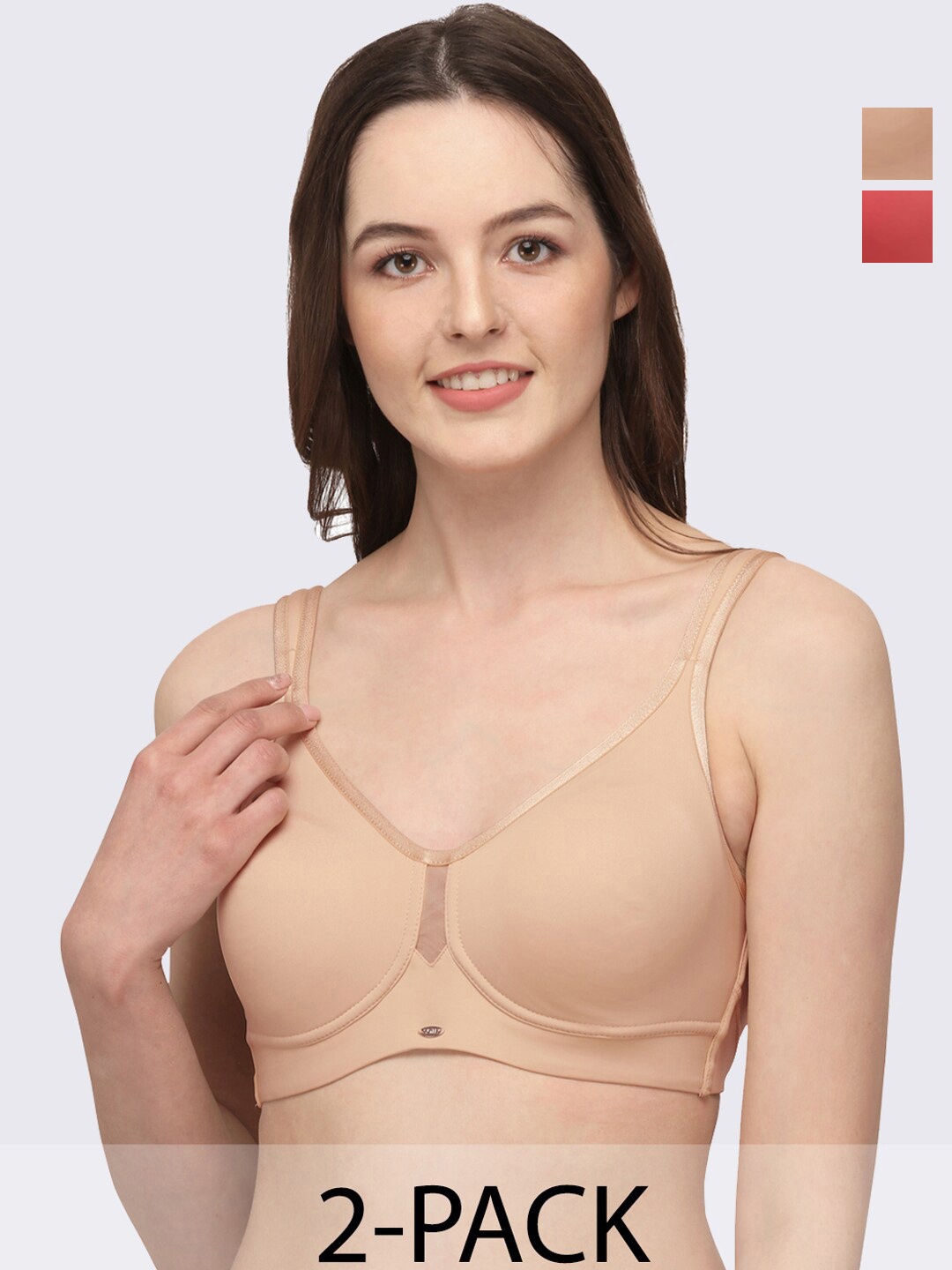 

Soie Pack Of 2 Full Coverage Seamless Non Padded Minimizer Bra With T-shirt, Beige