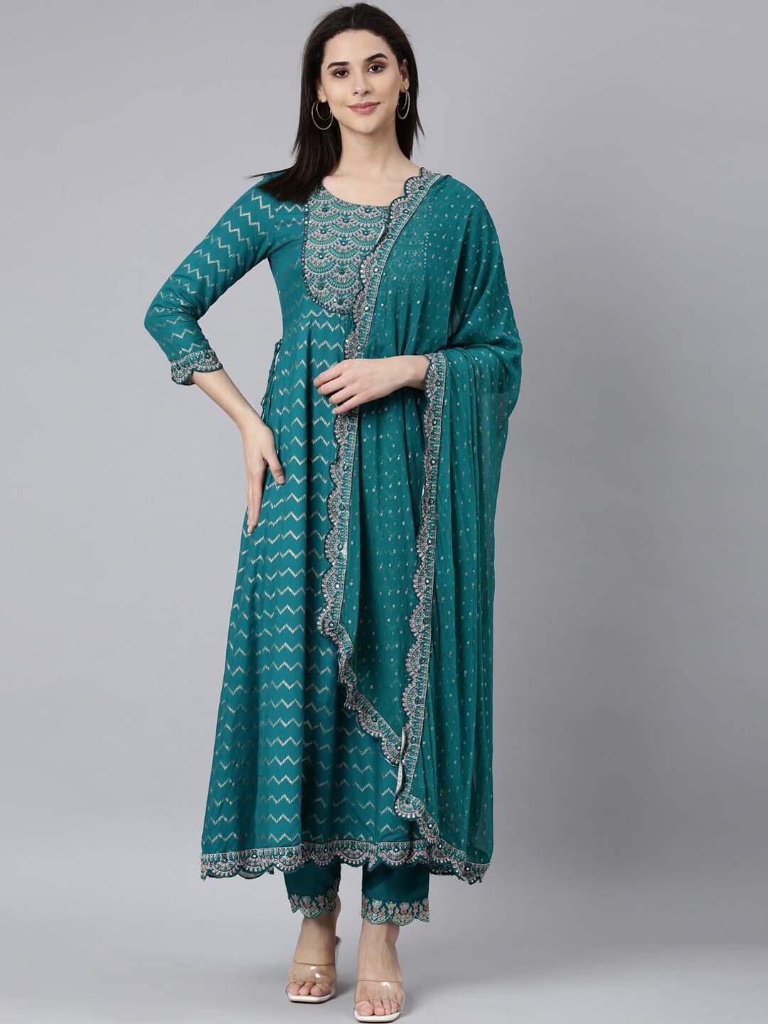 

Neerus Chevron Printed Round Neck Thread Work Kurta with Trousers & With Dupatta, Blue