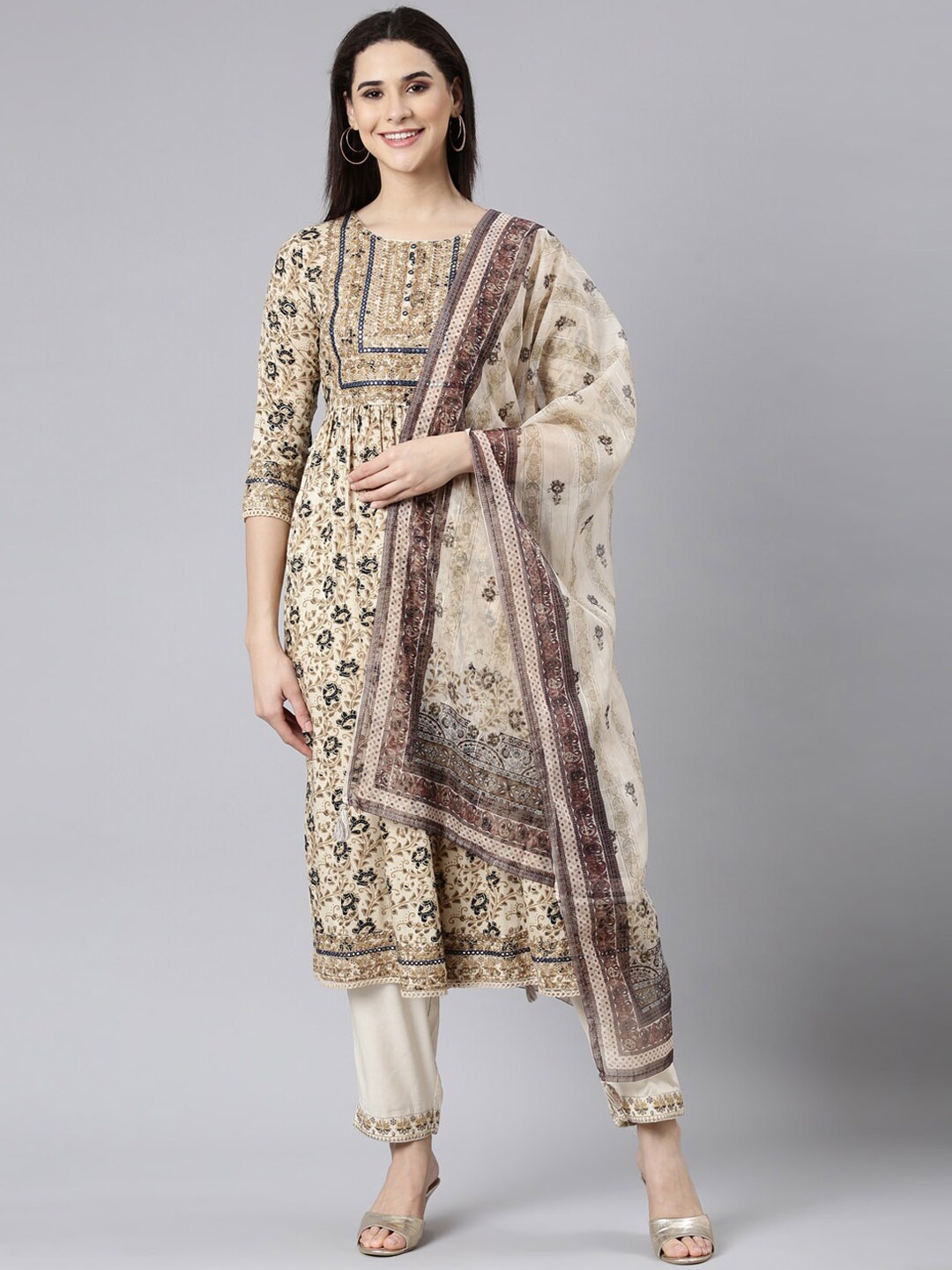 

Neerus Floral Printed Regular Aari Work Kurta with Trousers & Dupatta, Beige