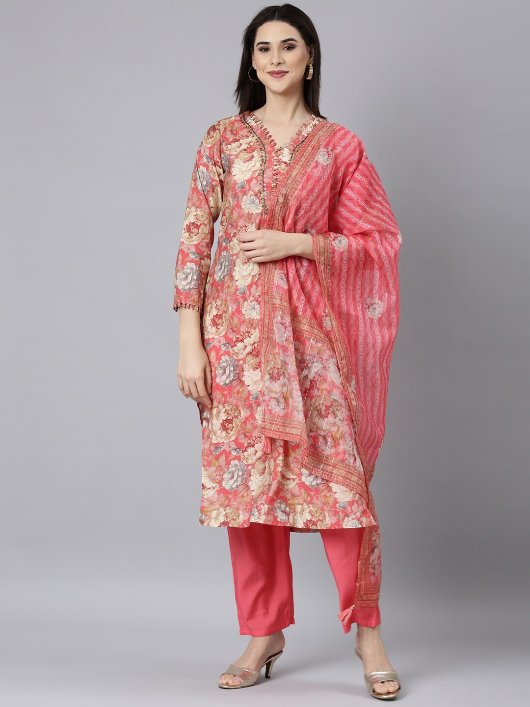 Neerus Floral Printed Regular Sequinned Kurta with Trousers & Dupatta, Coral