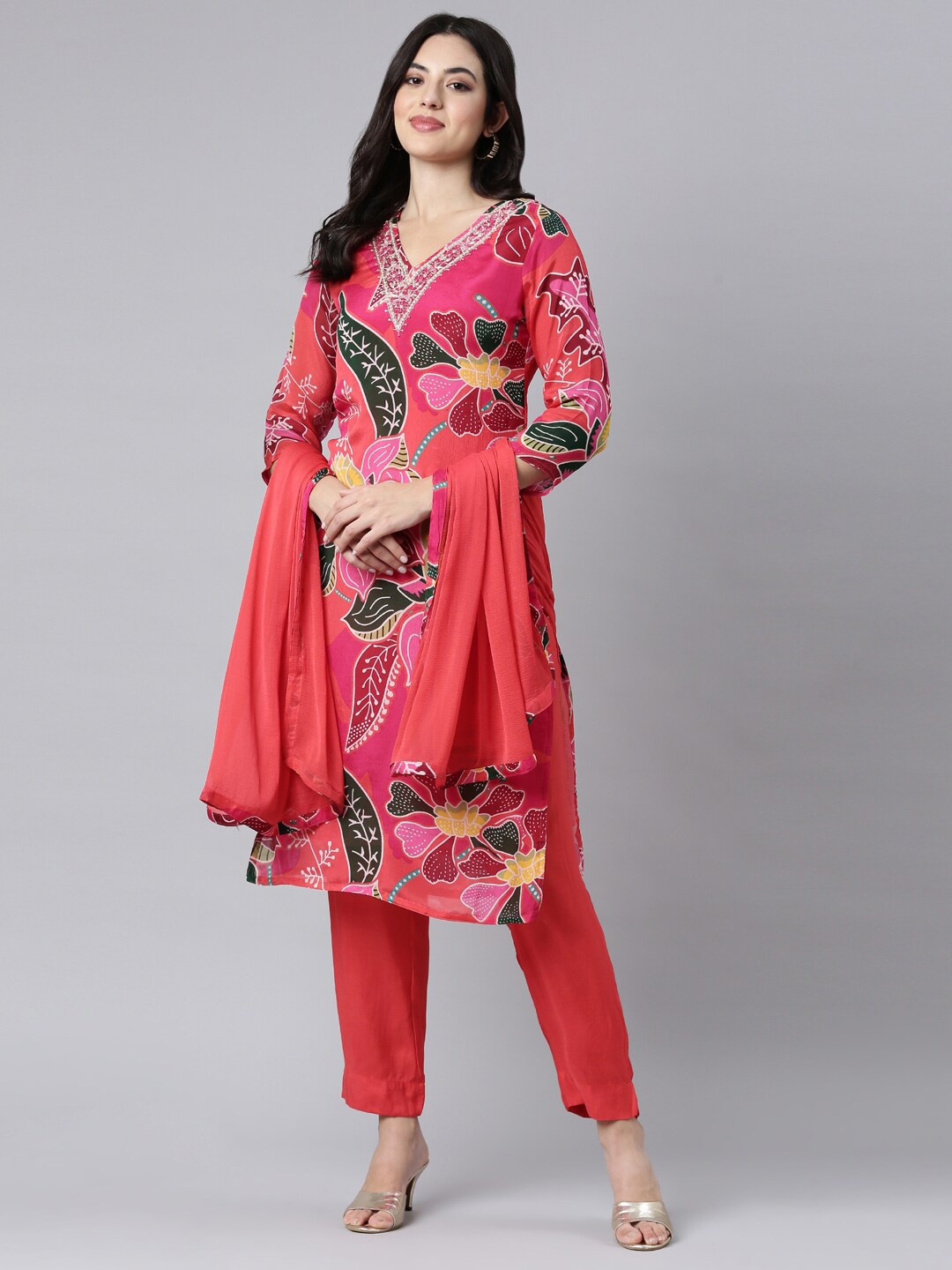 

Neerus Floral Printed V-Neck Thread Work Silk Crepe Straight Kurta with Trousers & Dupatta, Pink