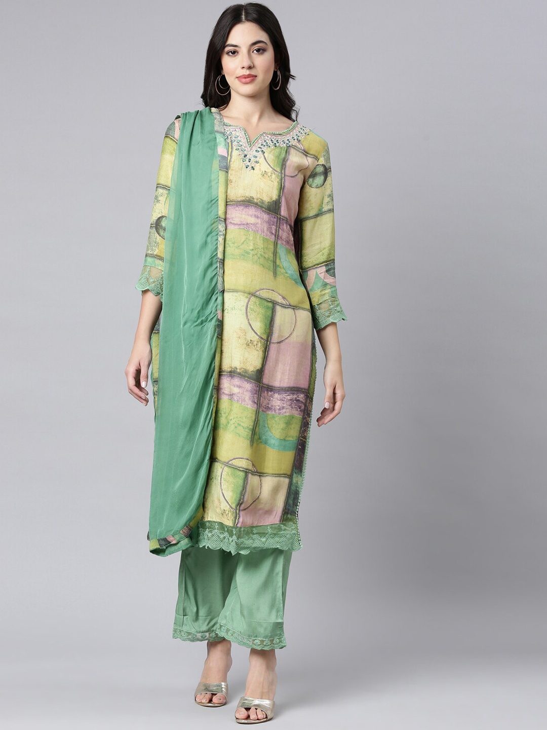 

Neerus Geometric Printed Regular Mirror Work Kurta With Trousers & Dupatta, Green