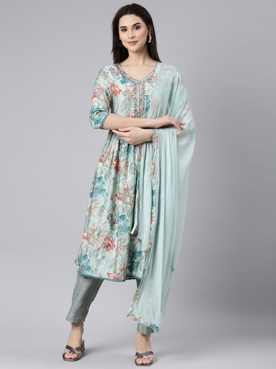 

Neerus Floral Printed Pleated Sequinned Kurta with Trousers & Dupatta, Blue