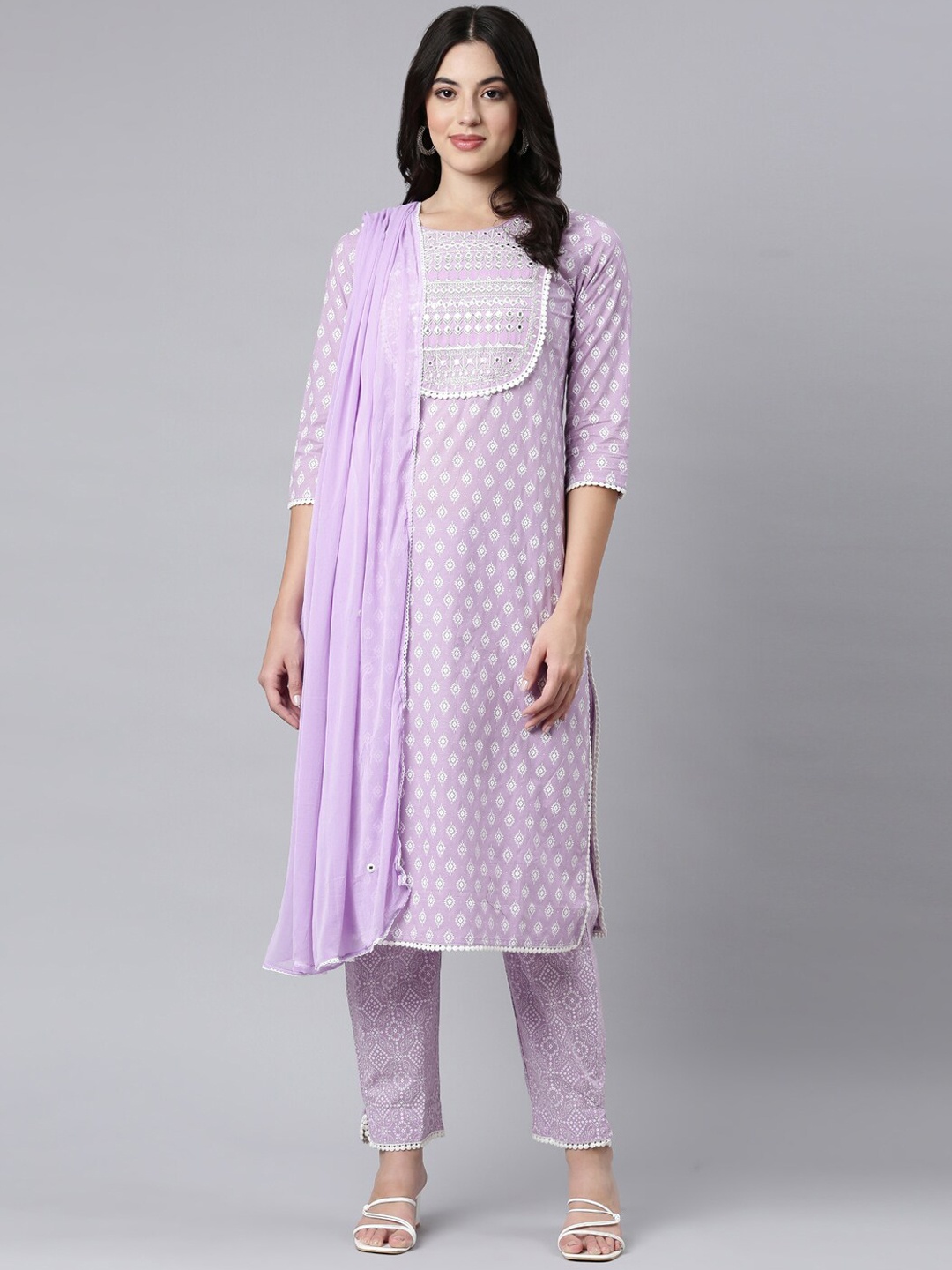 

Neerus Floral Printed Regular Mirror Work Kurta with Trousers & Dupatta, Lavender