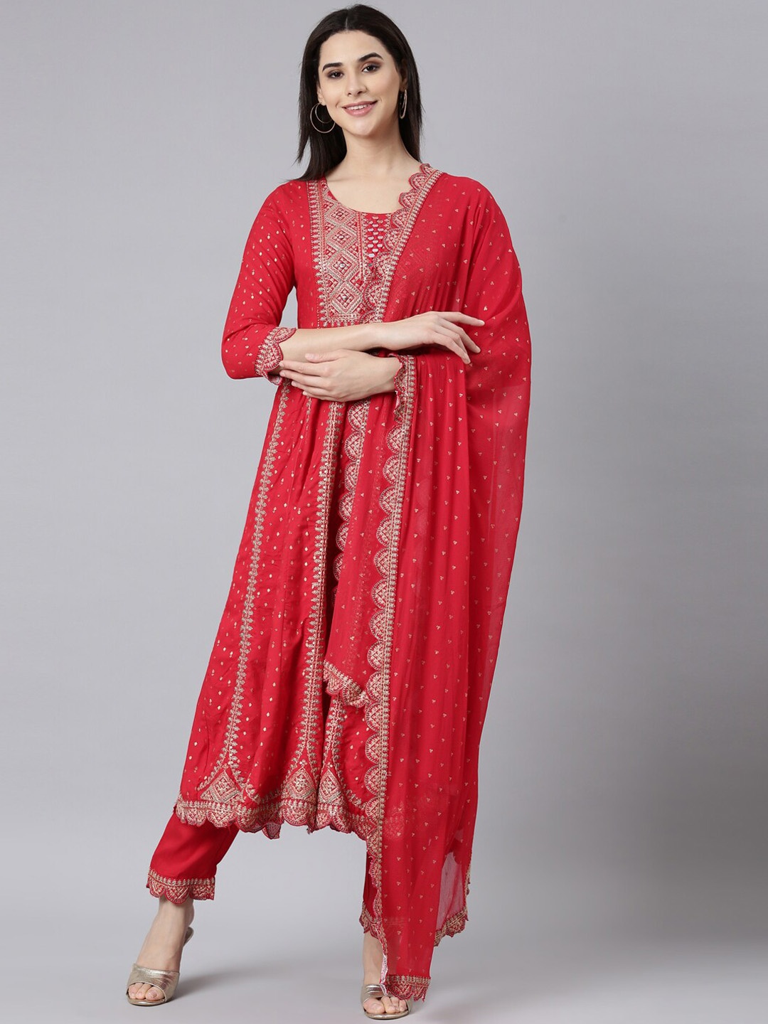 

Neerus Ethnic Motifs Embroidered A-Line Kurta with Trousers & Dupatta, Red