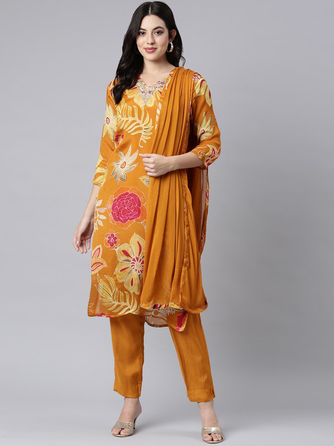 

Neerus Floral Printed V-Neck Sequinned Straight Kurta with Trousers & With Dupatta, Gold