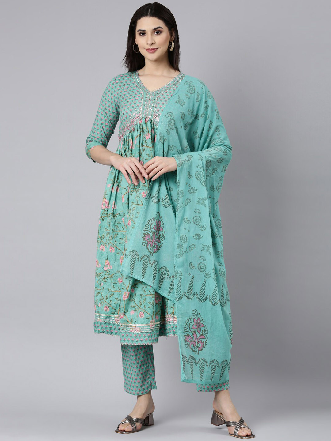 

Neerus Floral Printed Empire Mirror Work Kurta with Trousers & Dupatta, Sea green