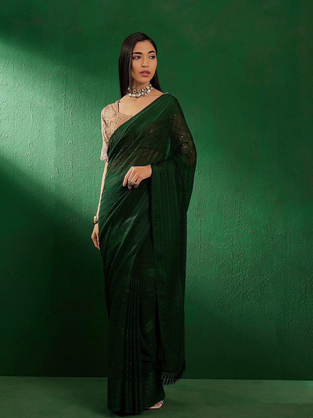 

Sangria Sequined Embellished Vichitra Silk Saree, Green