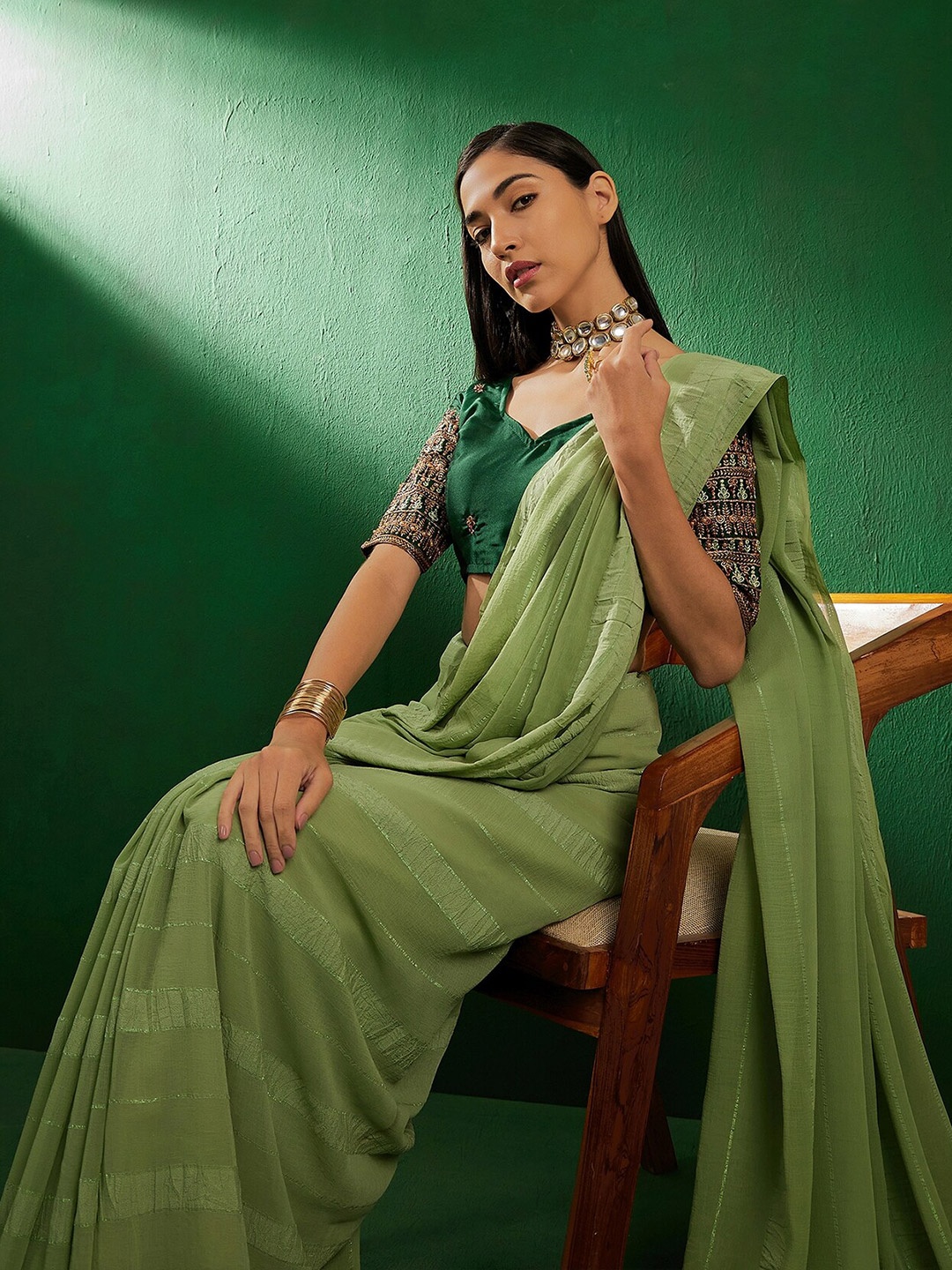 

Sangria Embroidered Vichitra Silk Saree, Green