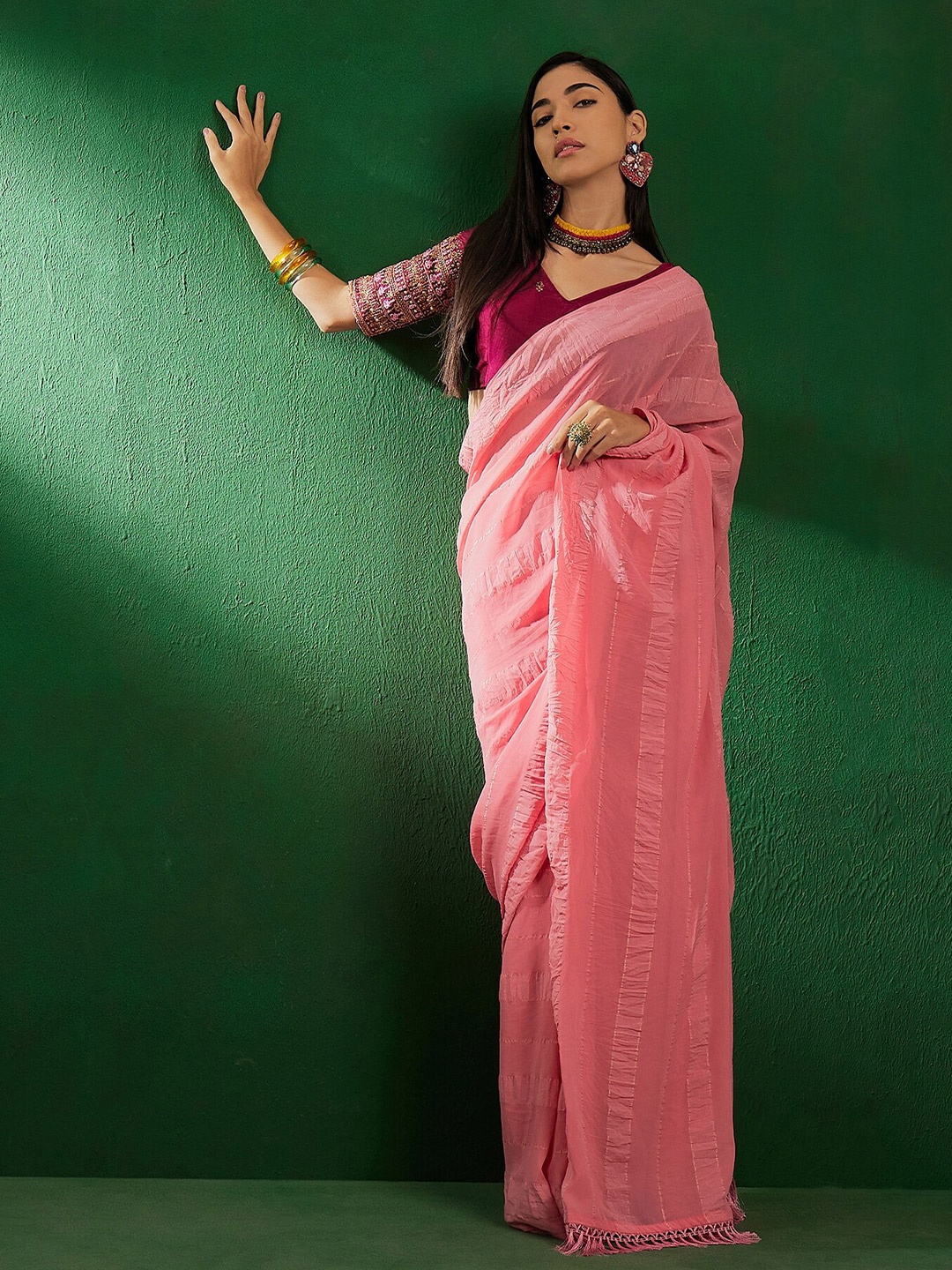 

Sangria Pink Striped Printed Saree
