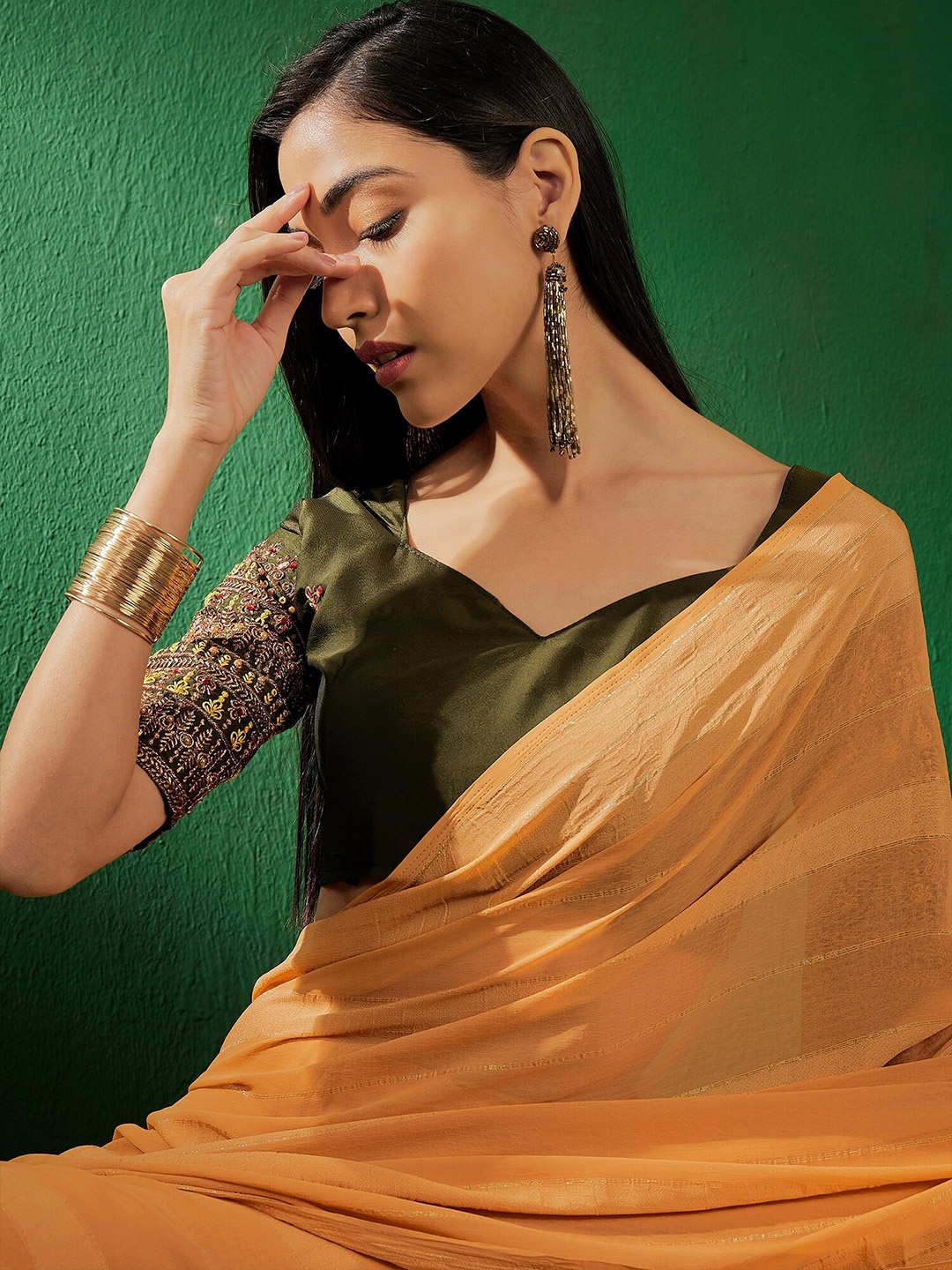 

Sangria Mustard Yellow Striped Printed Zari Saree