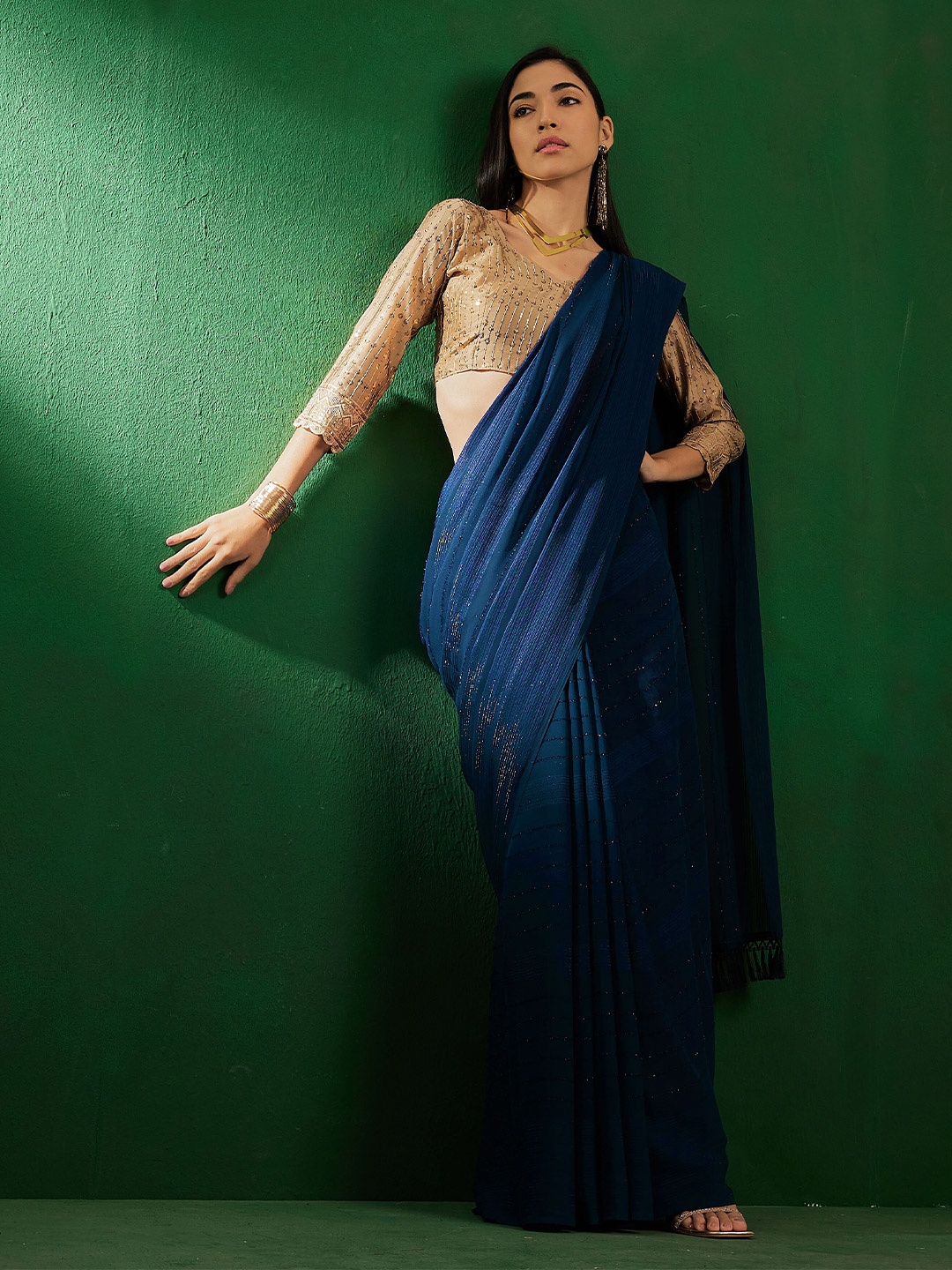 

Sangria Blue Striped Embellished Saree, Teal