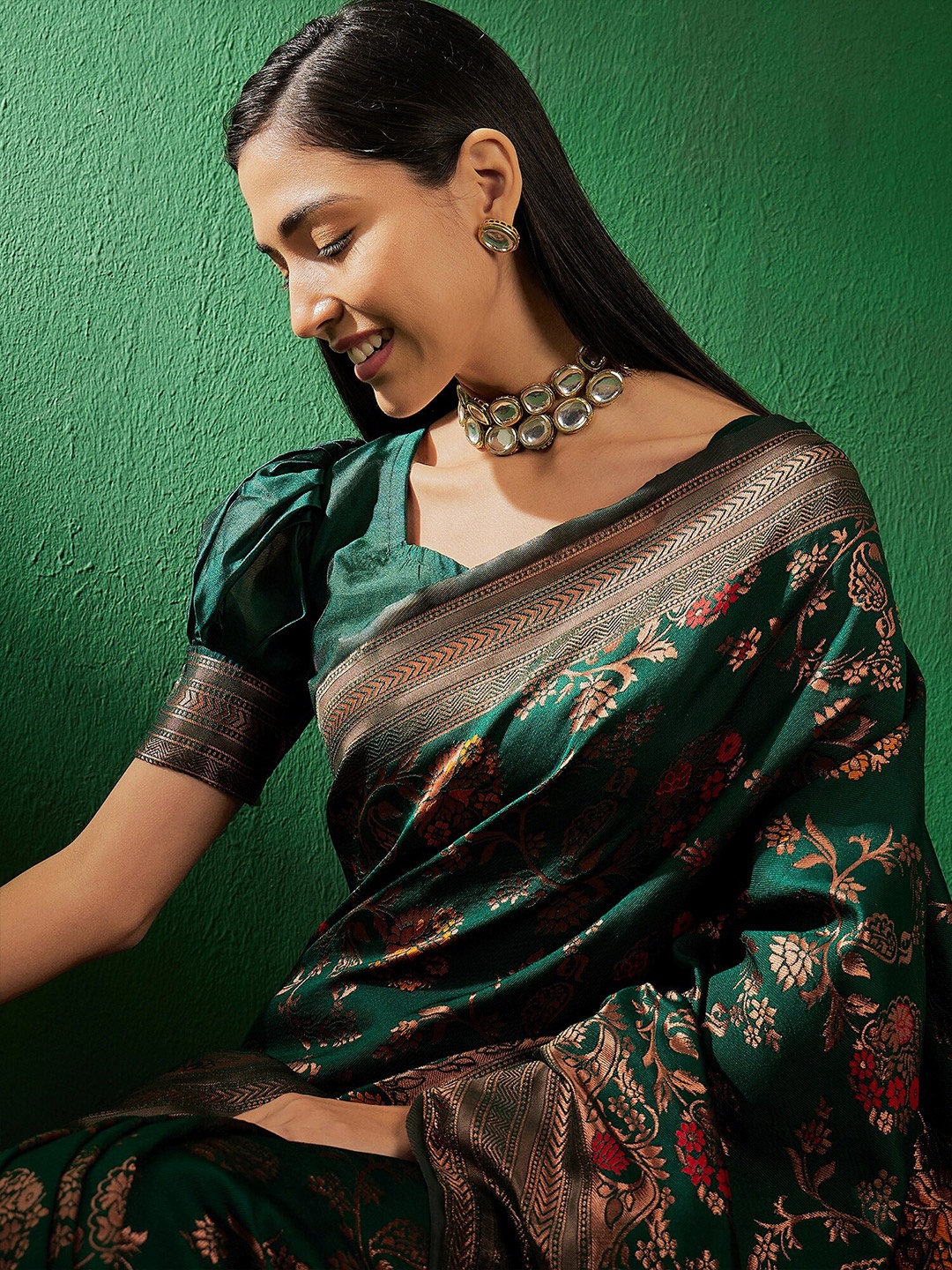 

Sangria Woven Banarasi Silk Sarees With Blouse, Green