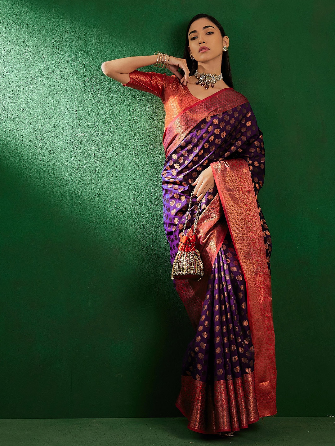 

Sangria Ethnic Motifs Woven Design Zari Banarasi Silk Sarees, Purple