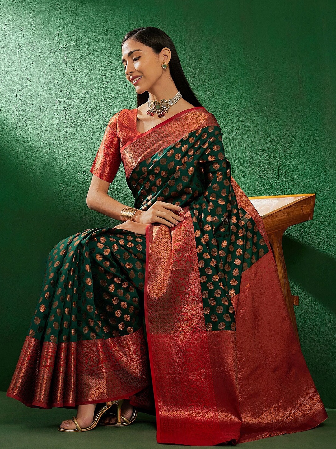 

Sangria Green & Red Woven Design Zari Banarasi Saree