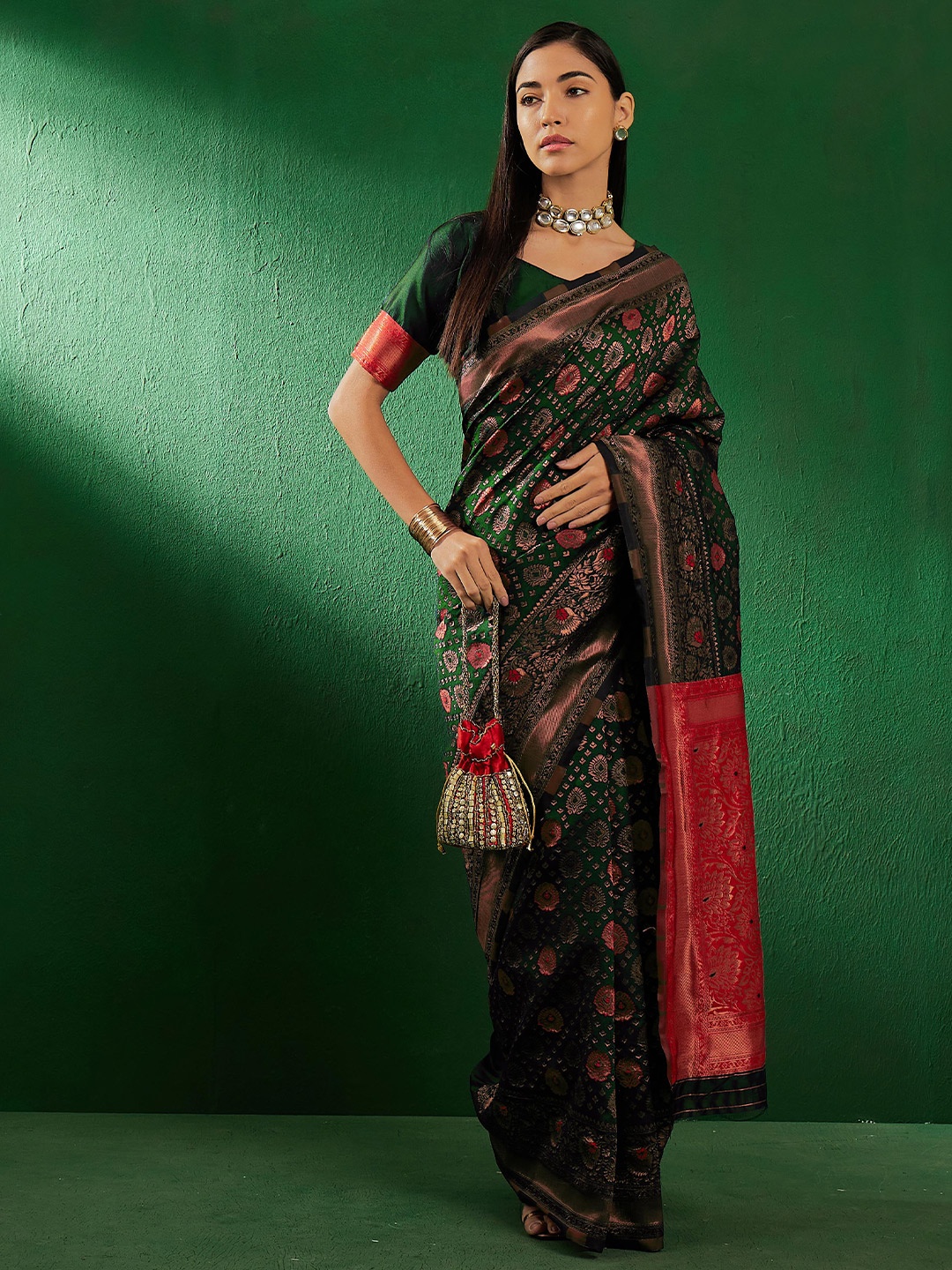 

Sangria Green & Copper Toned Woven Design Zari Banarasi Saree, Olive