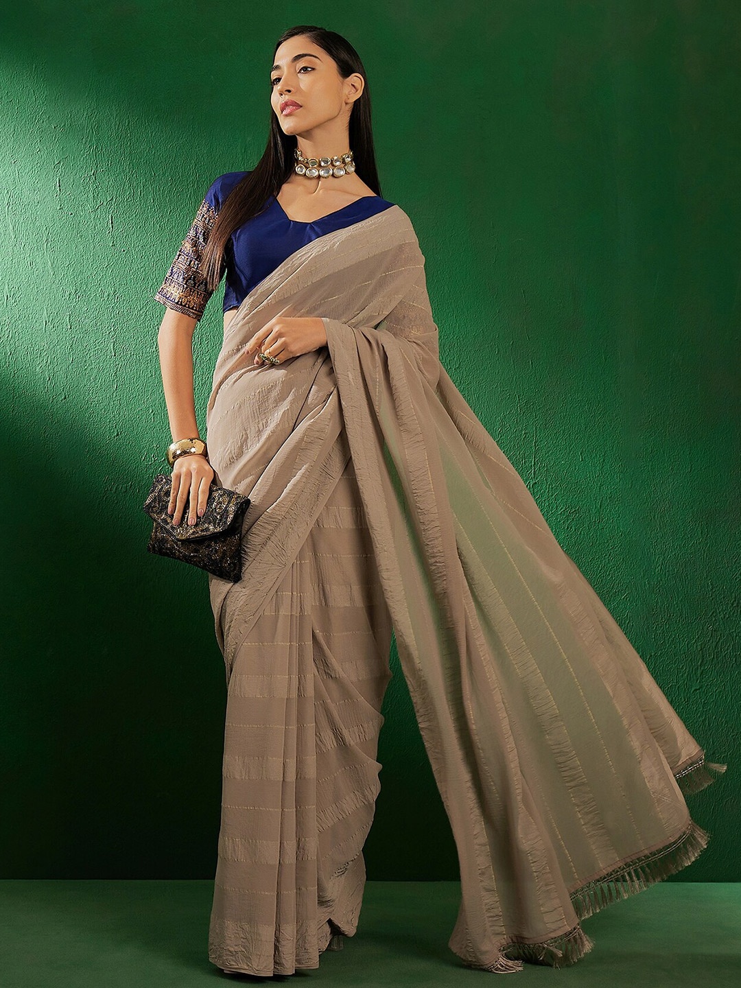 

Sangria Grey Striped Printed Zari Saree