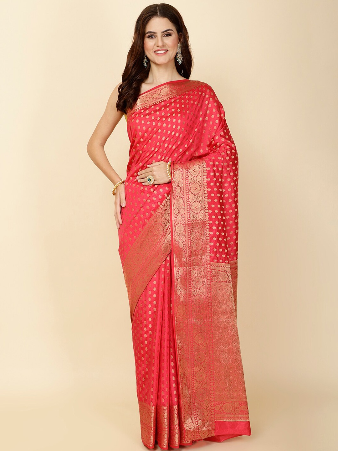 

Meena Bazaar Ethnic Motifs Woven Design Zari Art Silk Saree, Pink