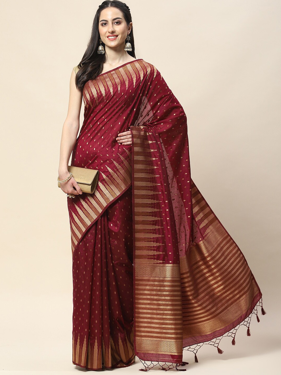 

Meena Bazaar Ethnic Motifs Woven Design Zari Saree, Burgundy