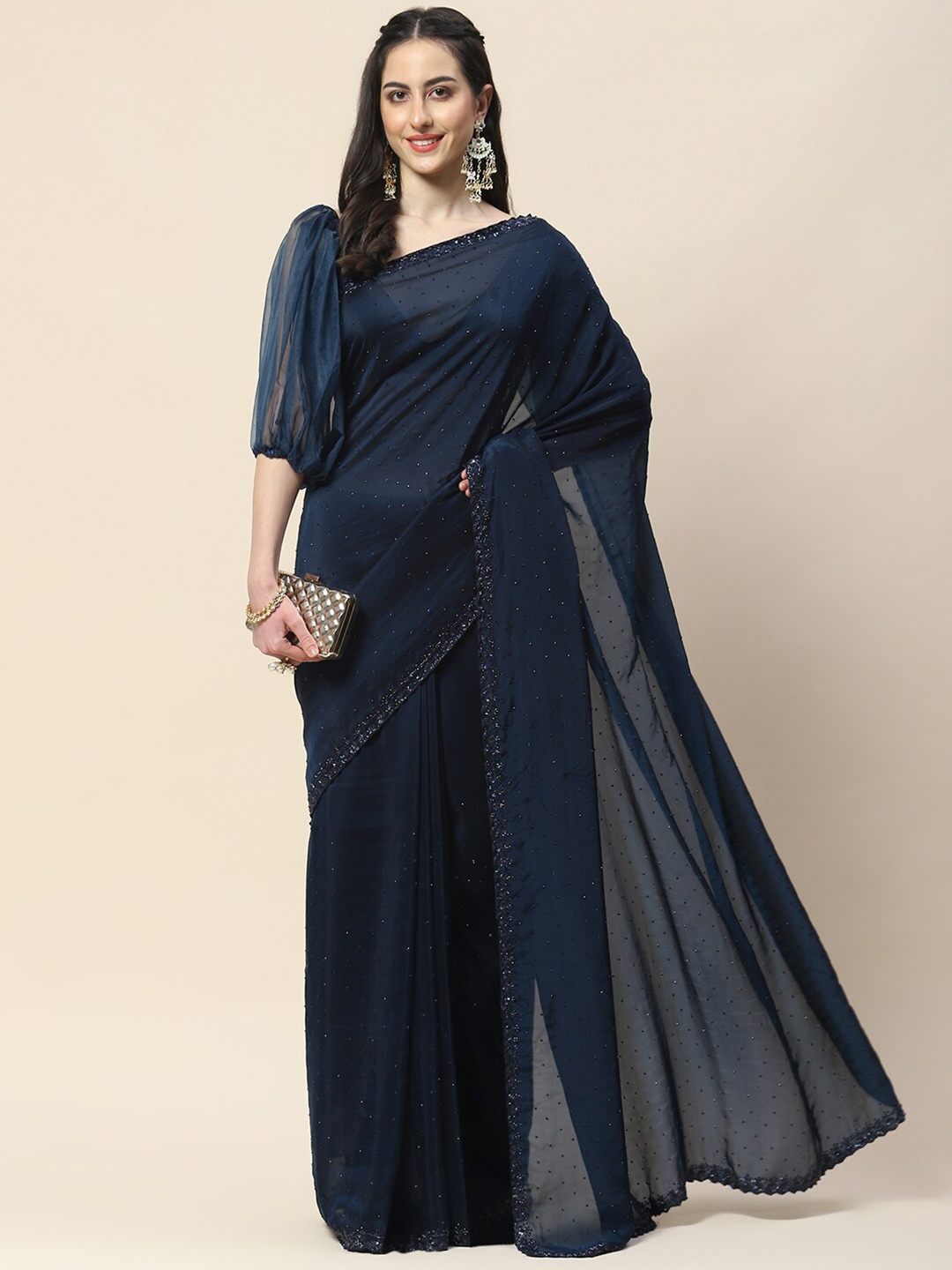 

Meena Bazaar Embellished Beads & Stones Organza Saree, Navy blue