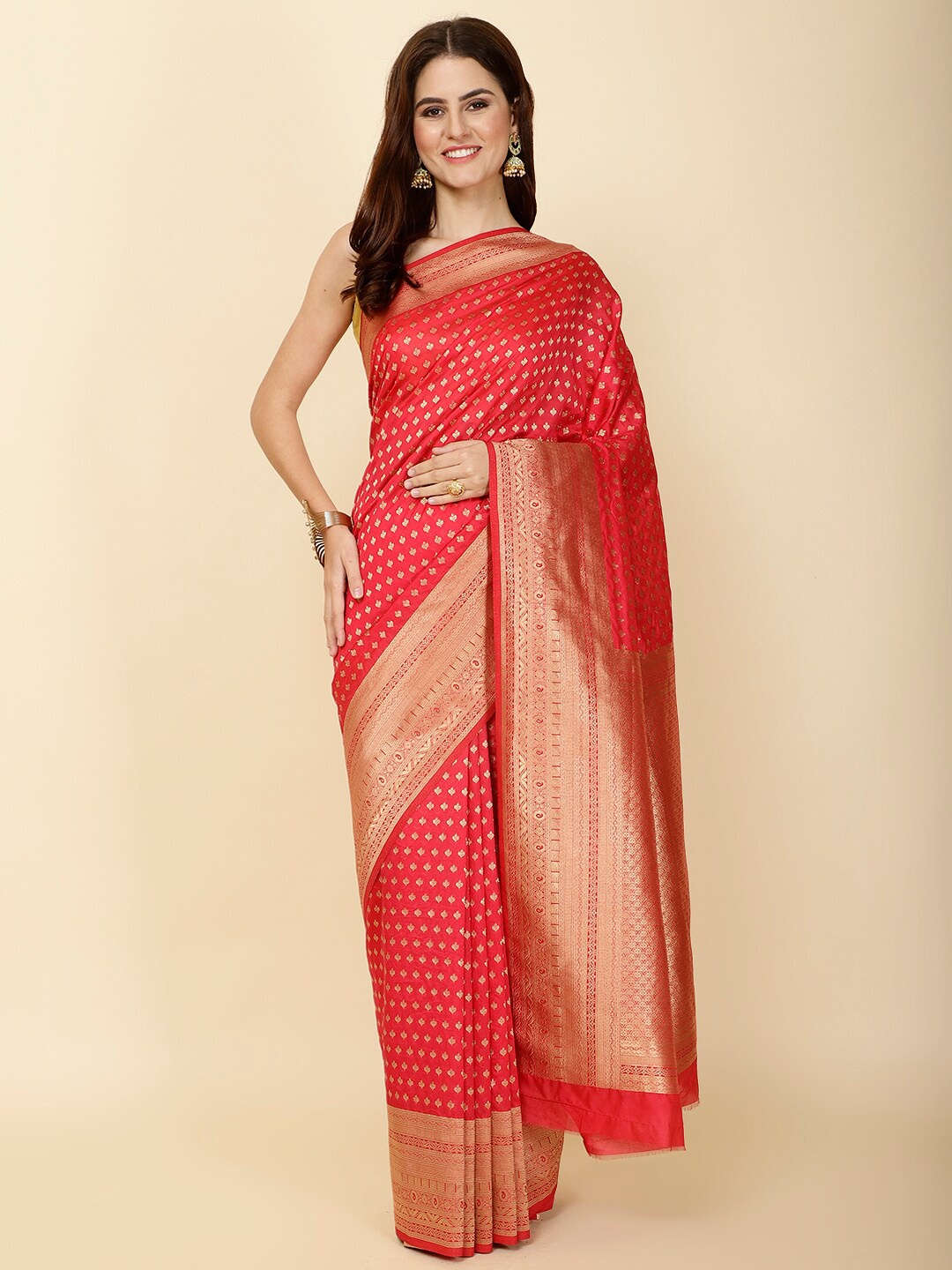 

Meena Bazaar Ethnic Motifs Woven Design Zari Art Silk Saree, Pink