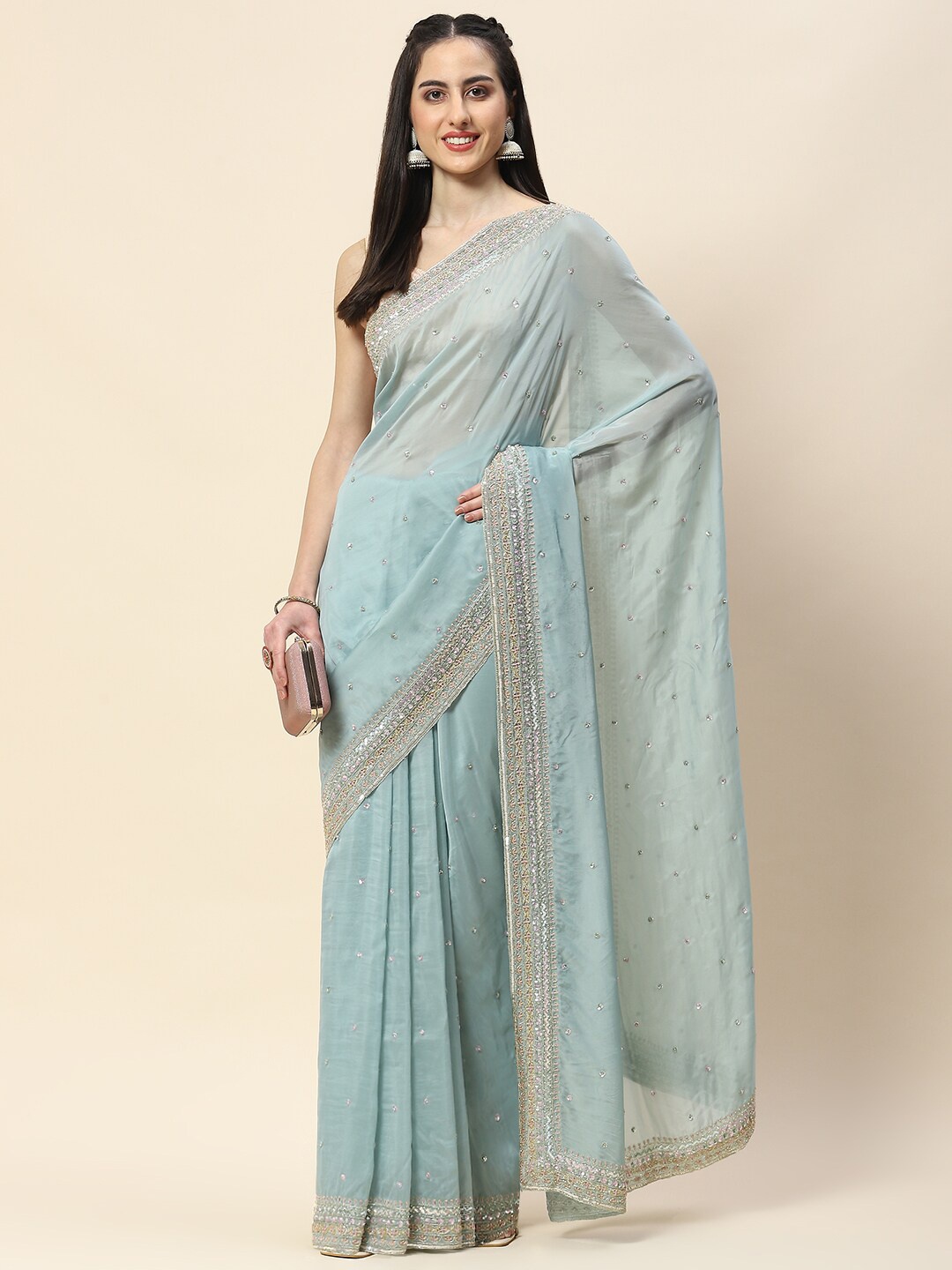 

Meena Bazaar Ethnic Motifs Embellished Sequinned Organza Saree, Blue