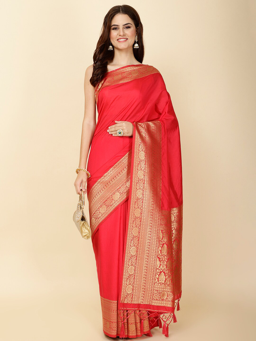 

Meena Bazaar Ethnic Motifs Woven Design Zari Saree, Pink