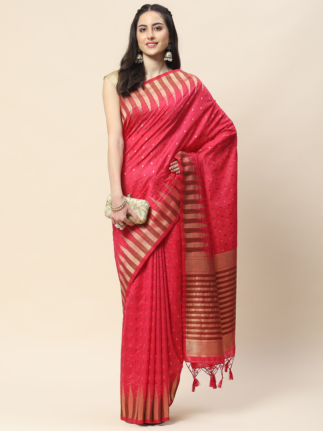 

Meena Bazaar Woven Design Zari Saree with Tassels, Pink
