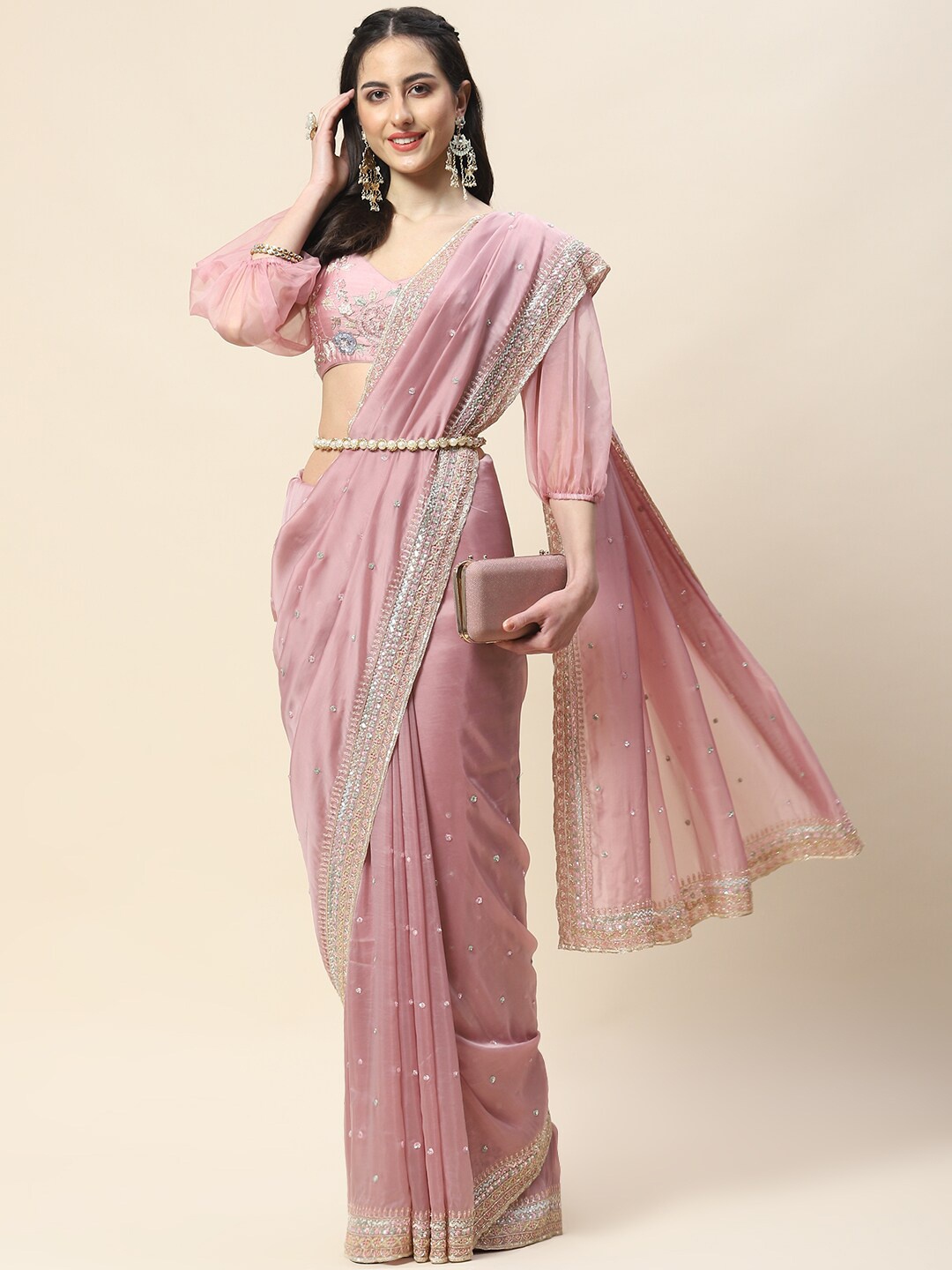 

Meena Bazaar Ethnic Motifs Embellished Sequinned Organza Saree, Pink