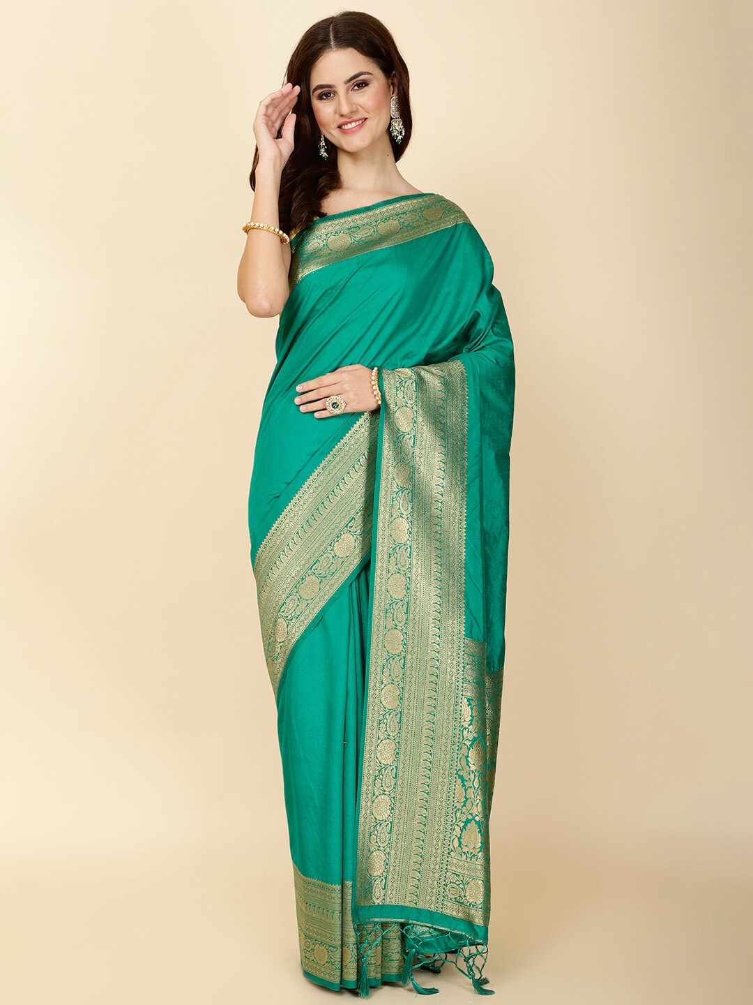 

Meena Bazaar Ethnic Motifs Woven Design Zari Saree, Green