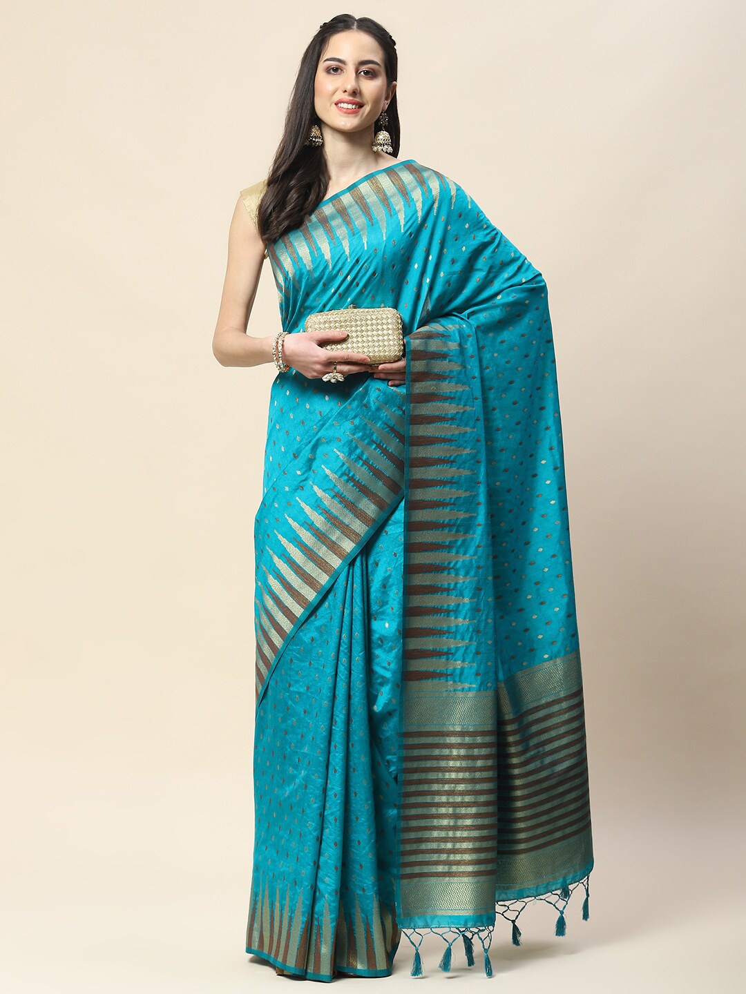 

Meena Bazaar Ethnic motifs Woven Design Zari Saree, Blue