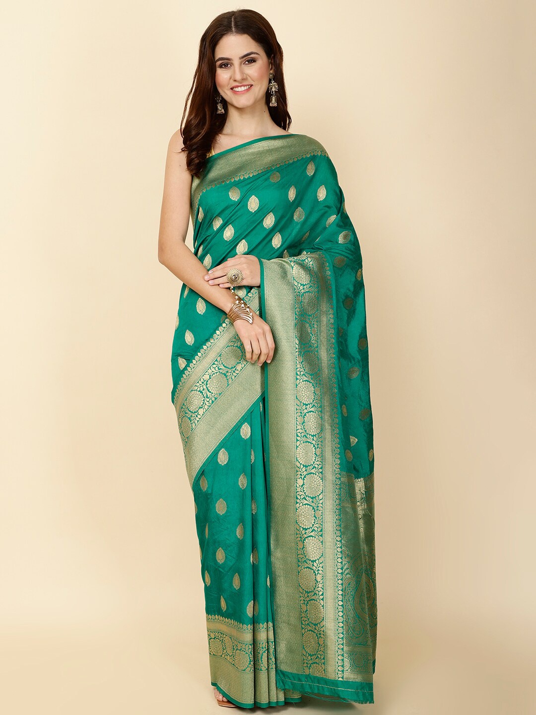 

Meena Bazaar Ethnic Motifs Woven Design Zari Art Silk Saree, Green