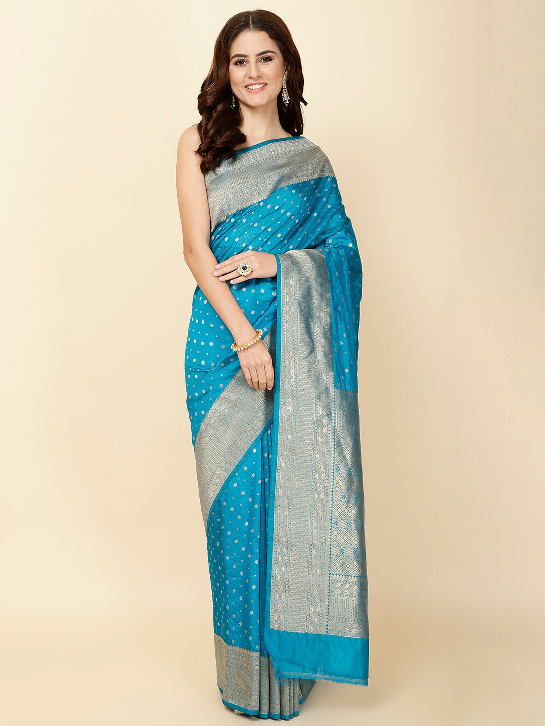 

Meena Bazaar Ethnic Motifs Woven Design Zari Art Silk Saree, Blue