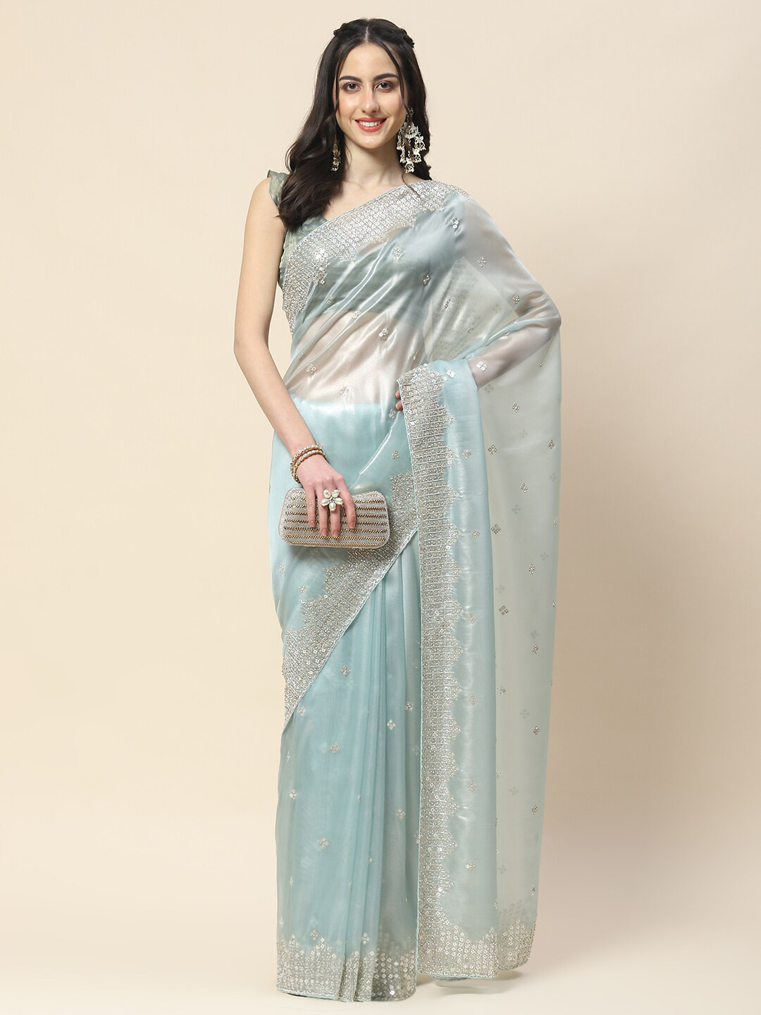 

Meena Bazaar Floral Embroidered Tissue Saree, Blue