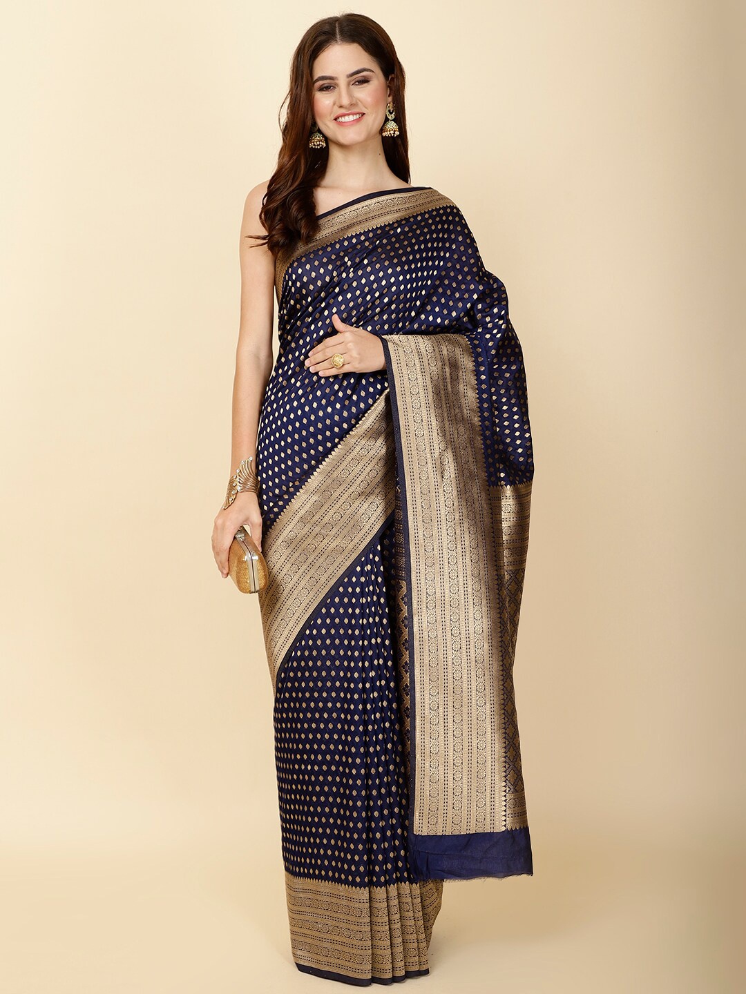 

Meena Bazaar Ethnic Motifs Woven Design Zari Saree, Navy blue