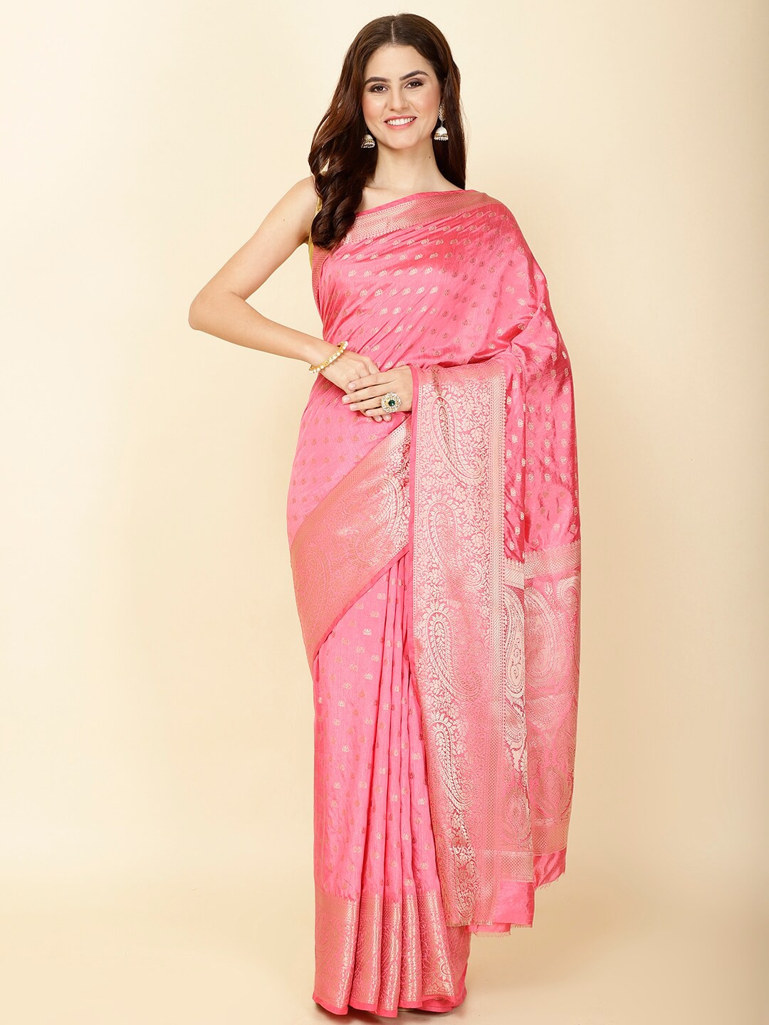 

Meena Bazaar Ethnic Motifs Woven Design Zari Art Silk Saree, Pink