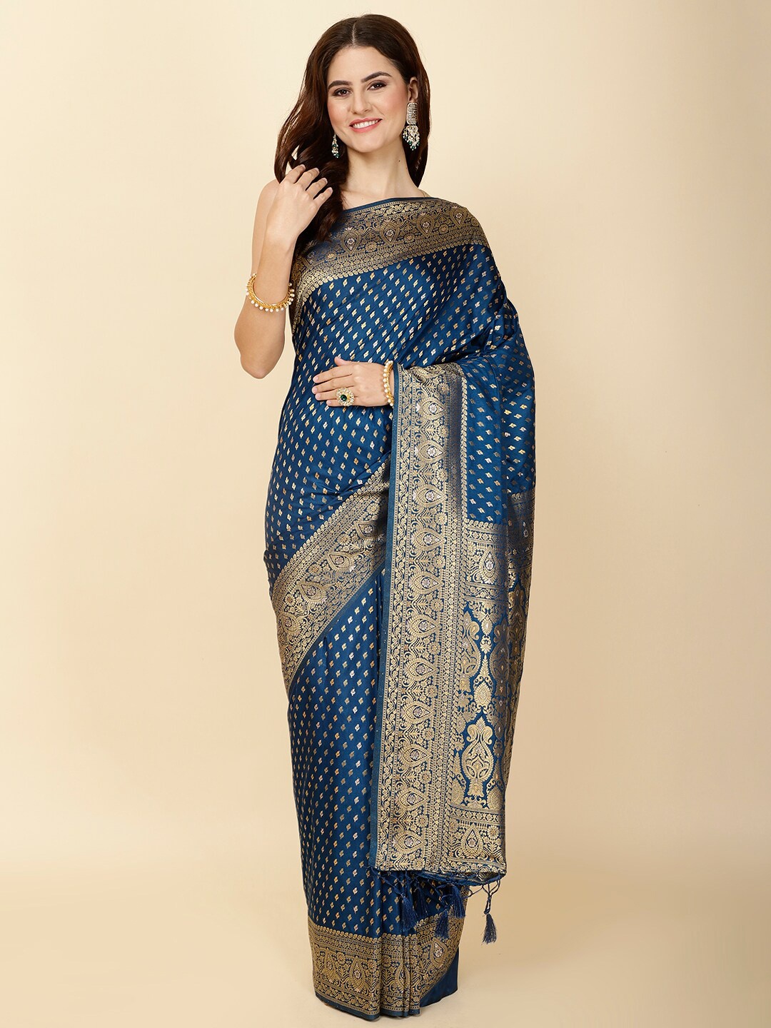 

Meena Bazaar Ethnic Motifs Woven Design Zari Art Silk Saree, Blue