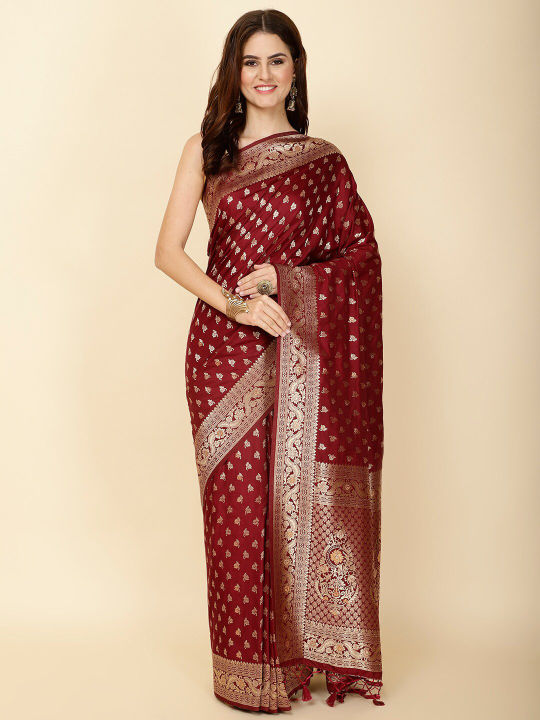 

Meena Bazaar Ethnic Motifs Woven Design Zari Art Silk Saree, Burgundy
