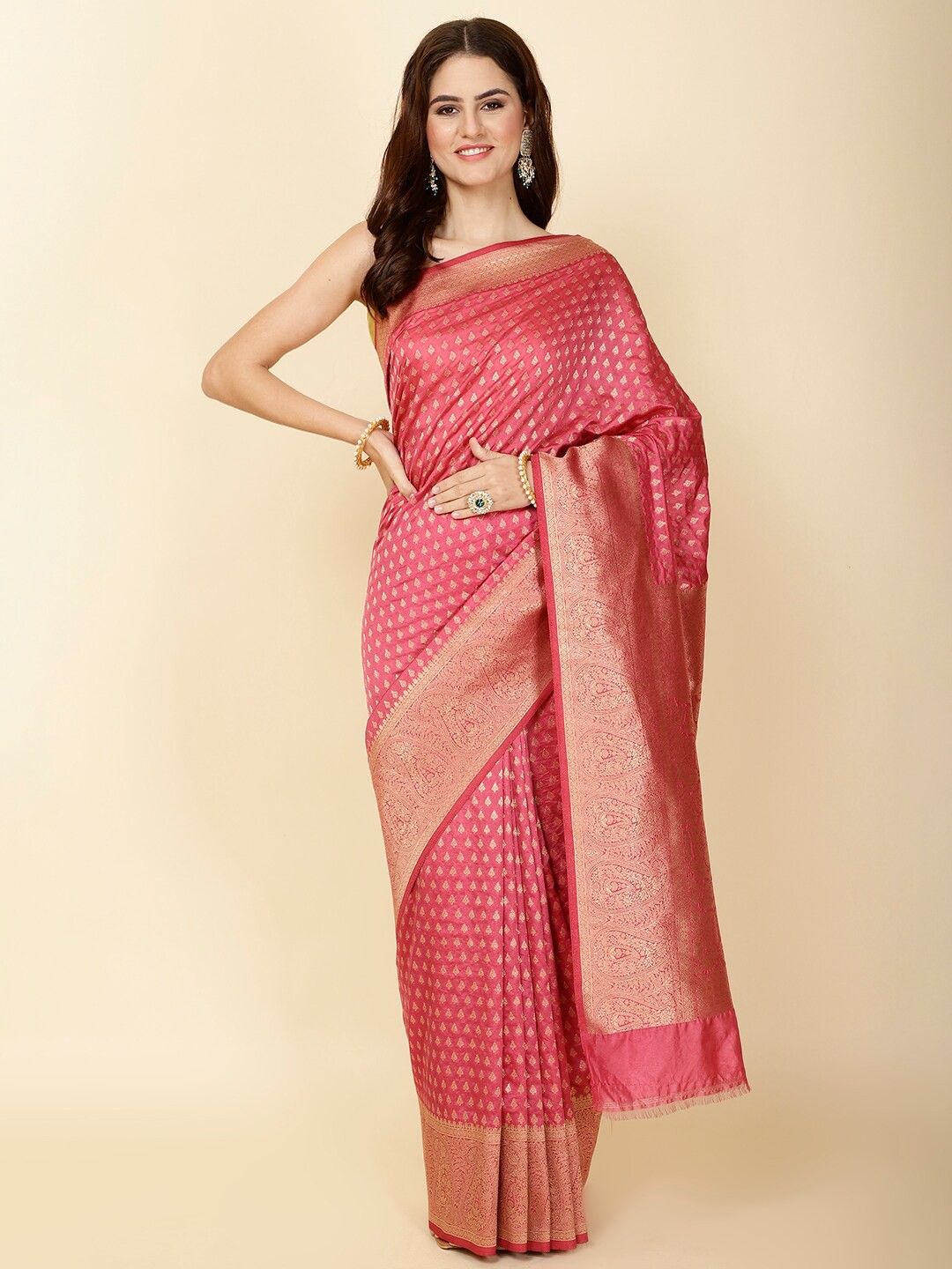 

Meena Bazaar Ethnic Motifs Woven Design Zari Saree, Pink