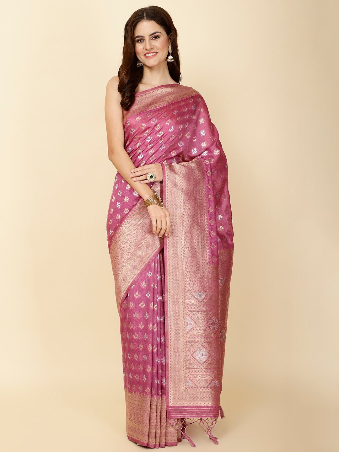 

Meena Bazaar Ethnic Motifs Woven Design Zari Art Silk Saree, Purple