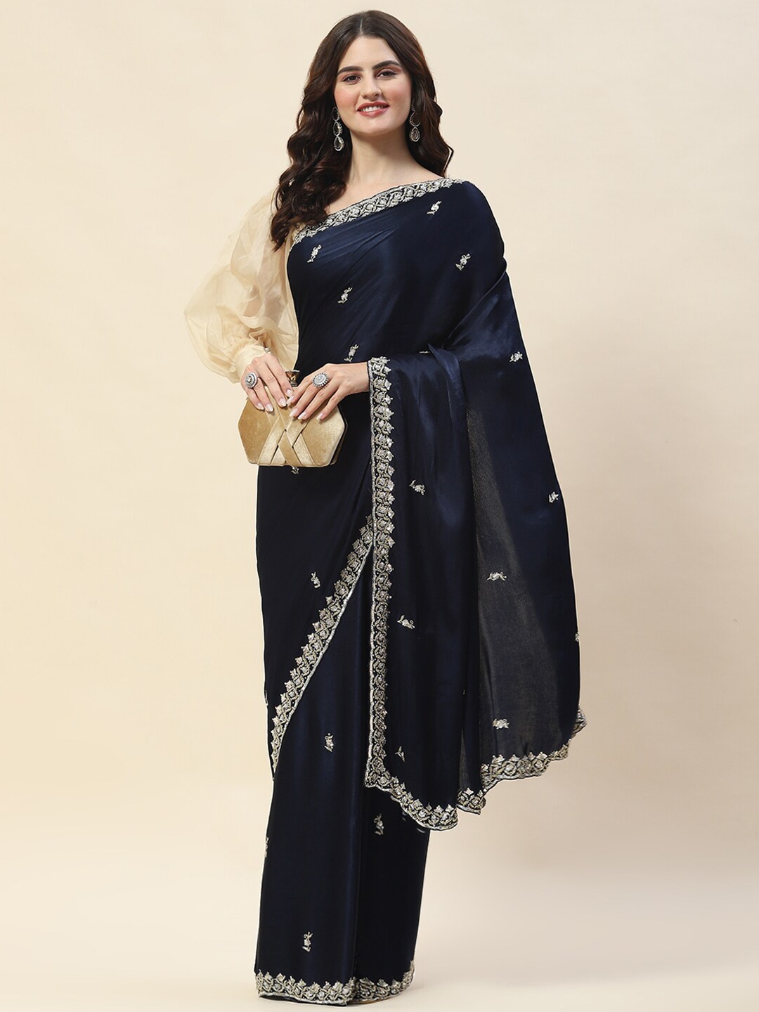 

Meena Bazaar Floral Embroidered Beads & Stones Saree, Navy blue
