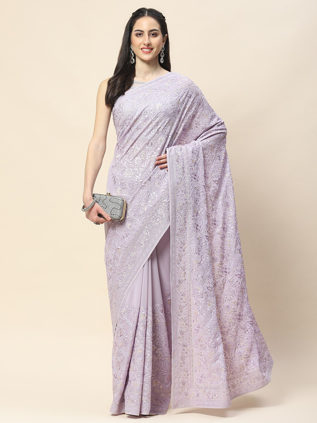 

Meena Bazaar Floral Embroidered Saree, Lavender