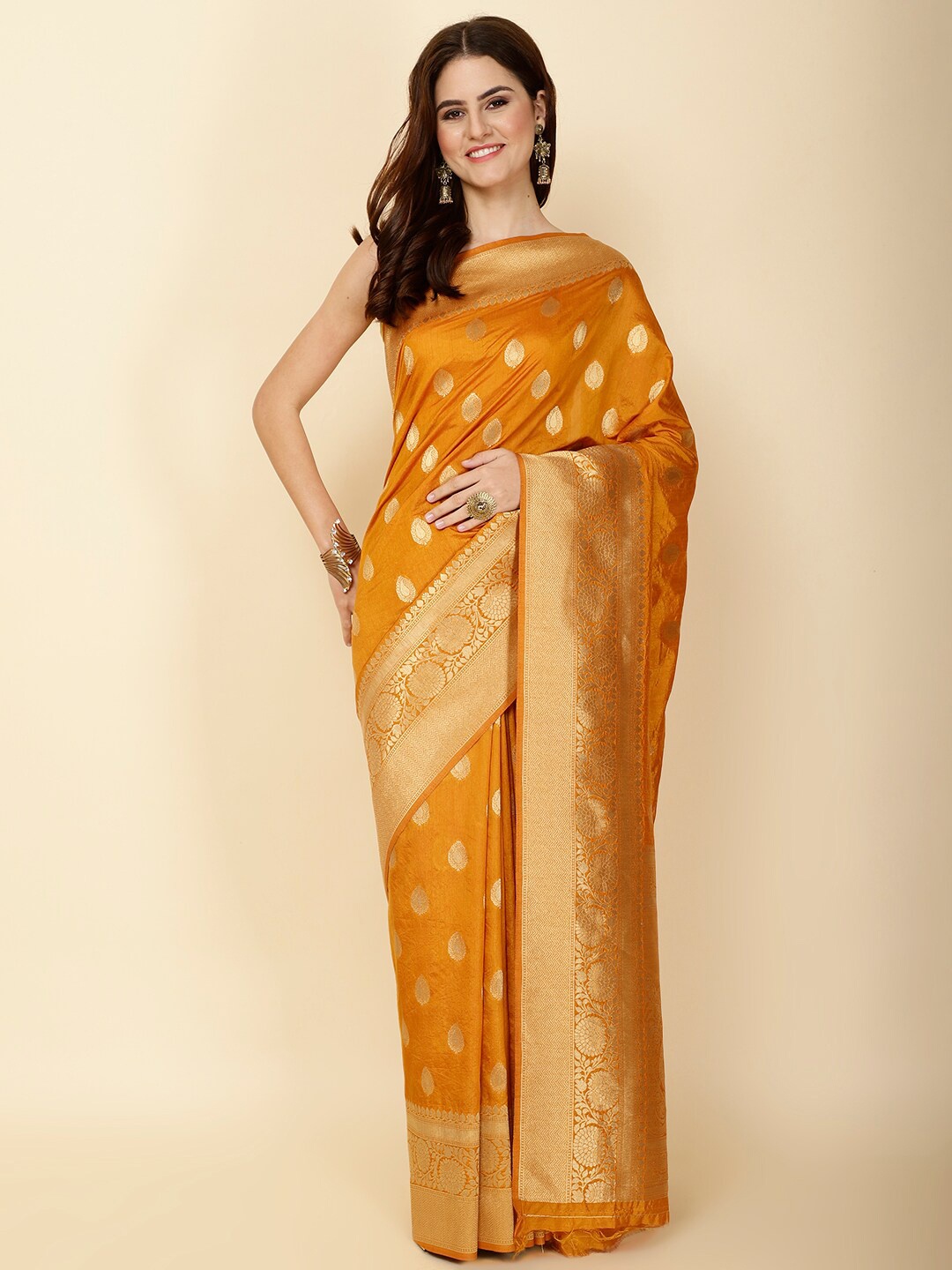 

Meena Bazaar Ethnic Motifs Woven Design Zari Art Silk Saree, Mustard
