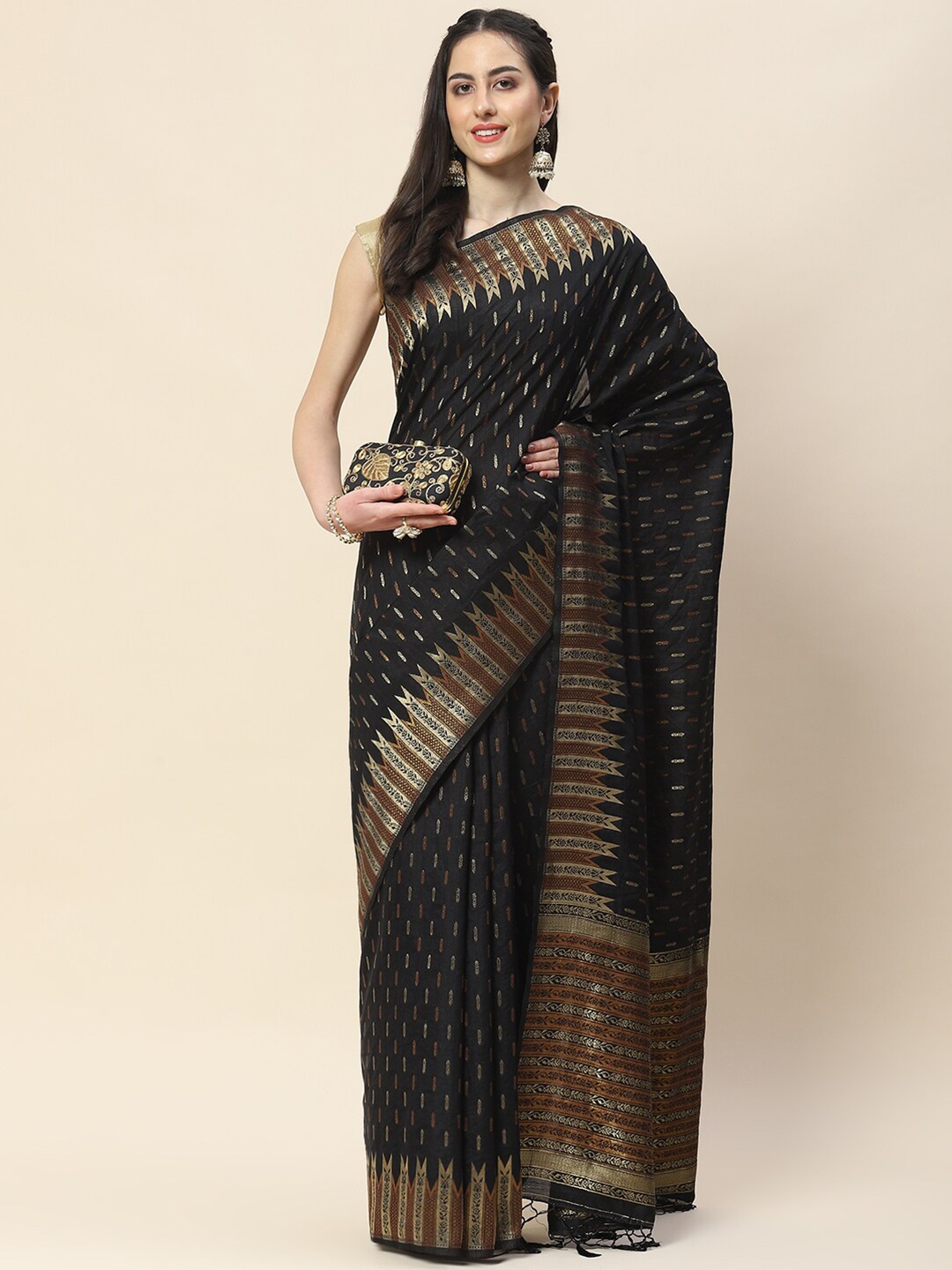 

Meena Bazaar Ethnic Motifs Woven Design Zari Art Silk Saree, Black