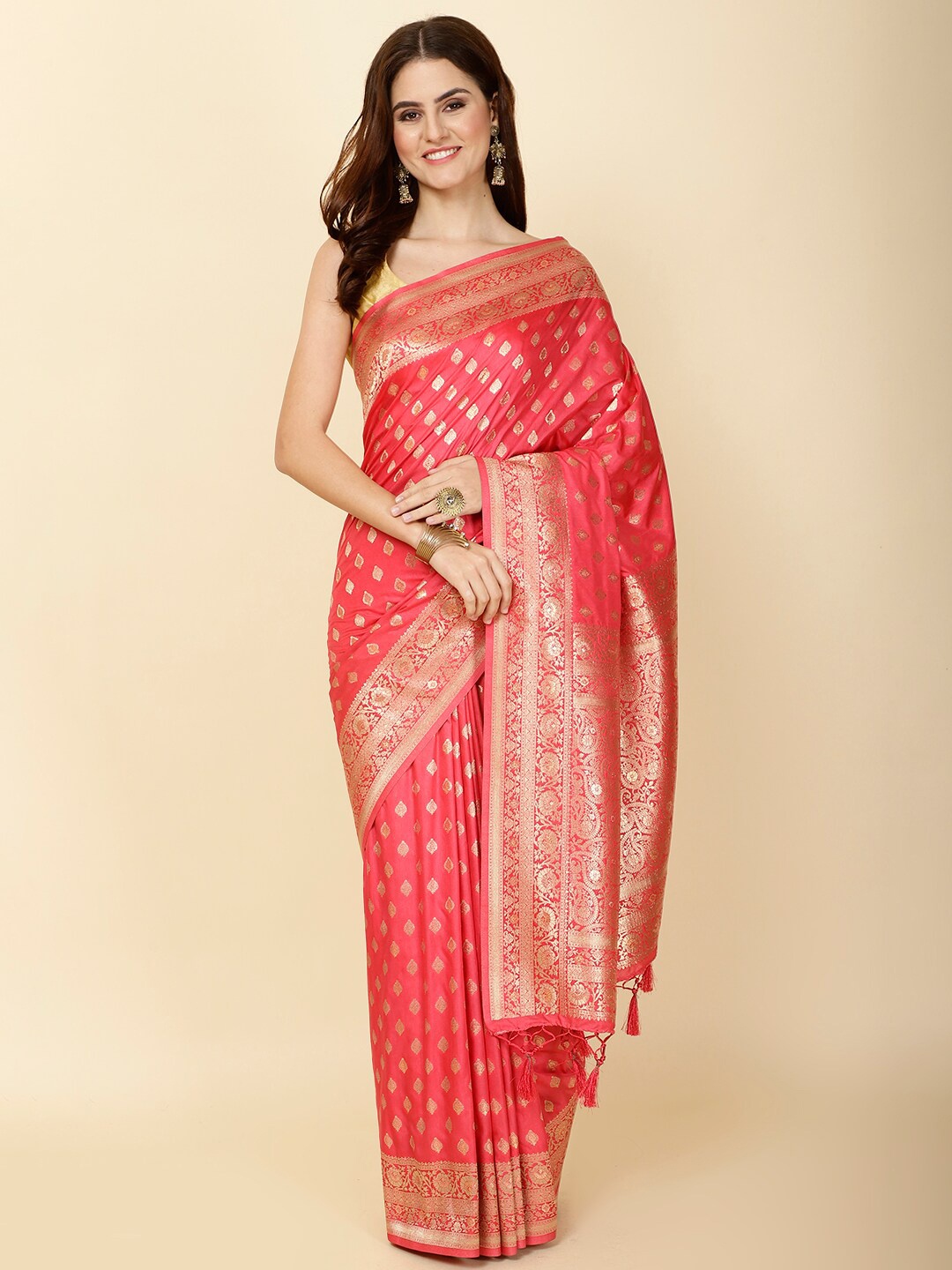 

Meena Bazaar Ethnic Motifs Woven Design Zari Art Silk Saree, Pink
