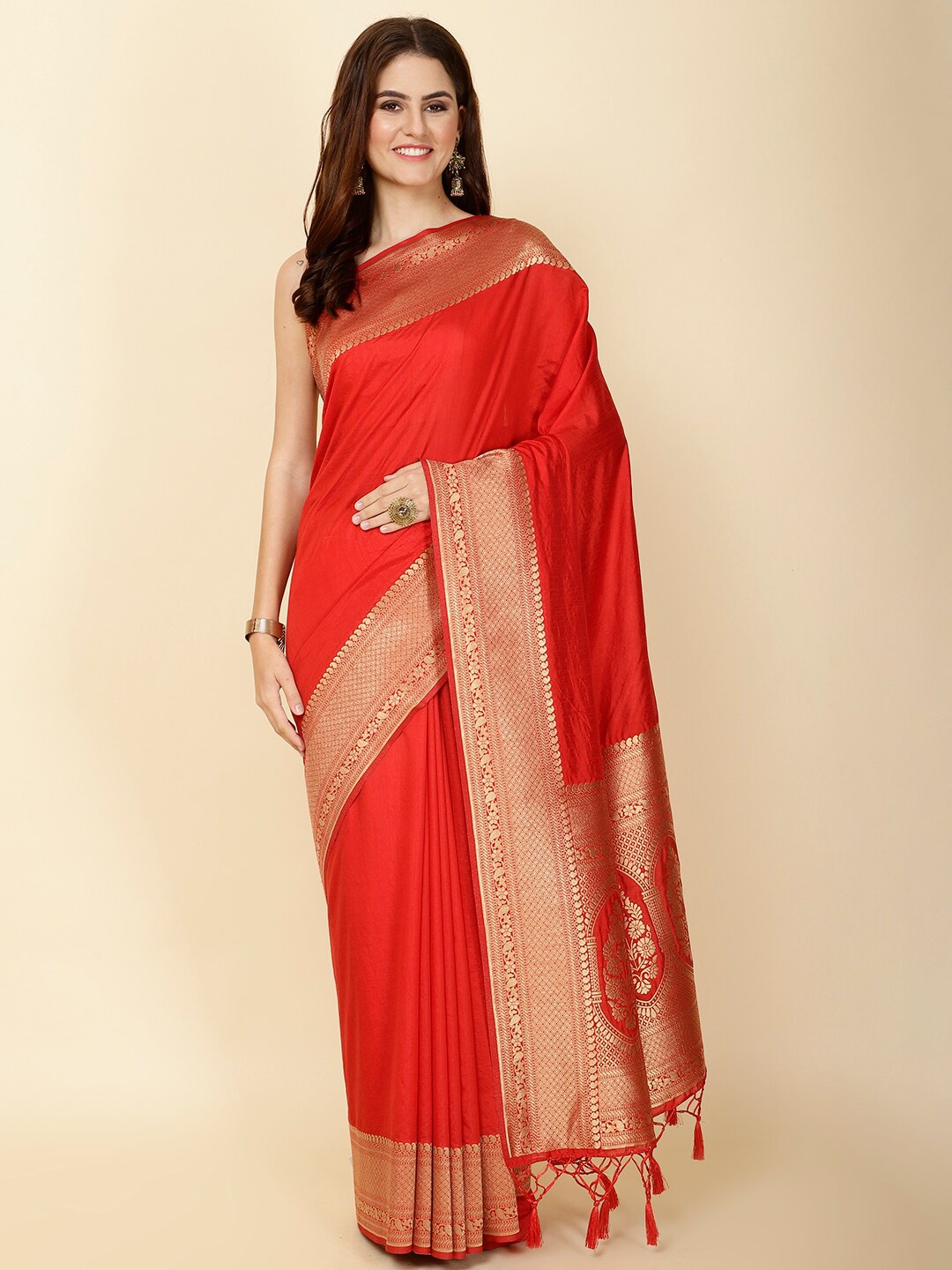 

Meena Bazaar Zari Saree with Tassels, Red