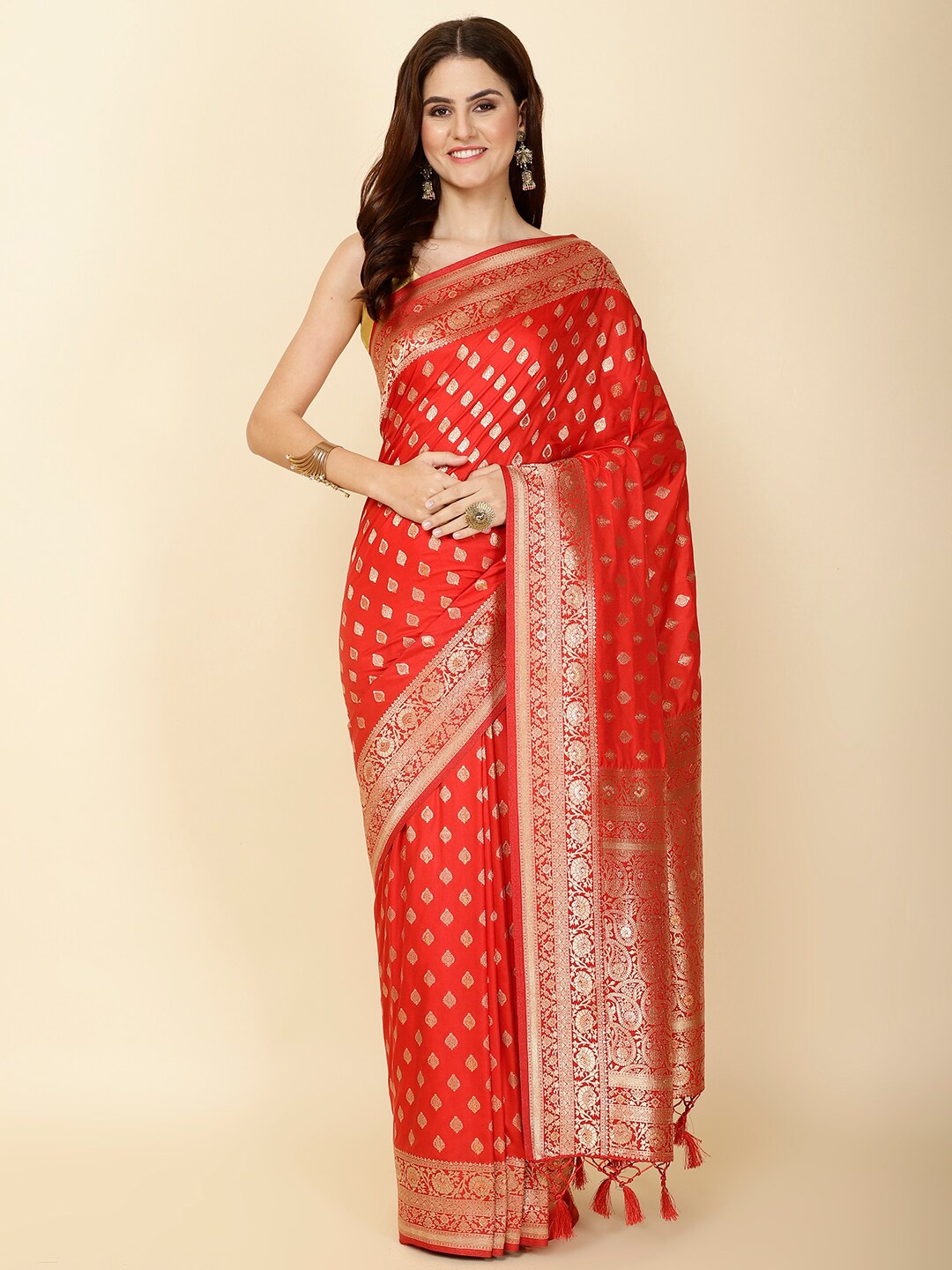 

Meena Bazaar Ethnic Motifs Woven Design Zari Saree, Red