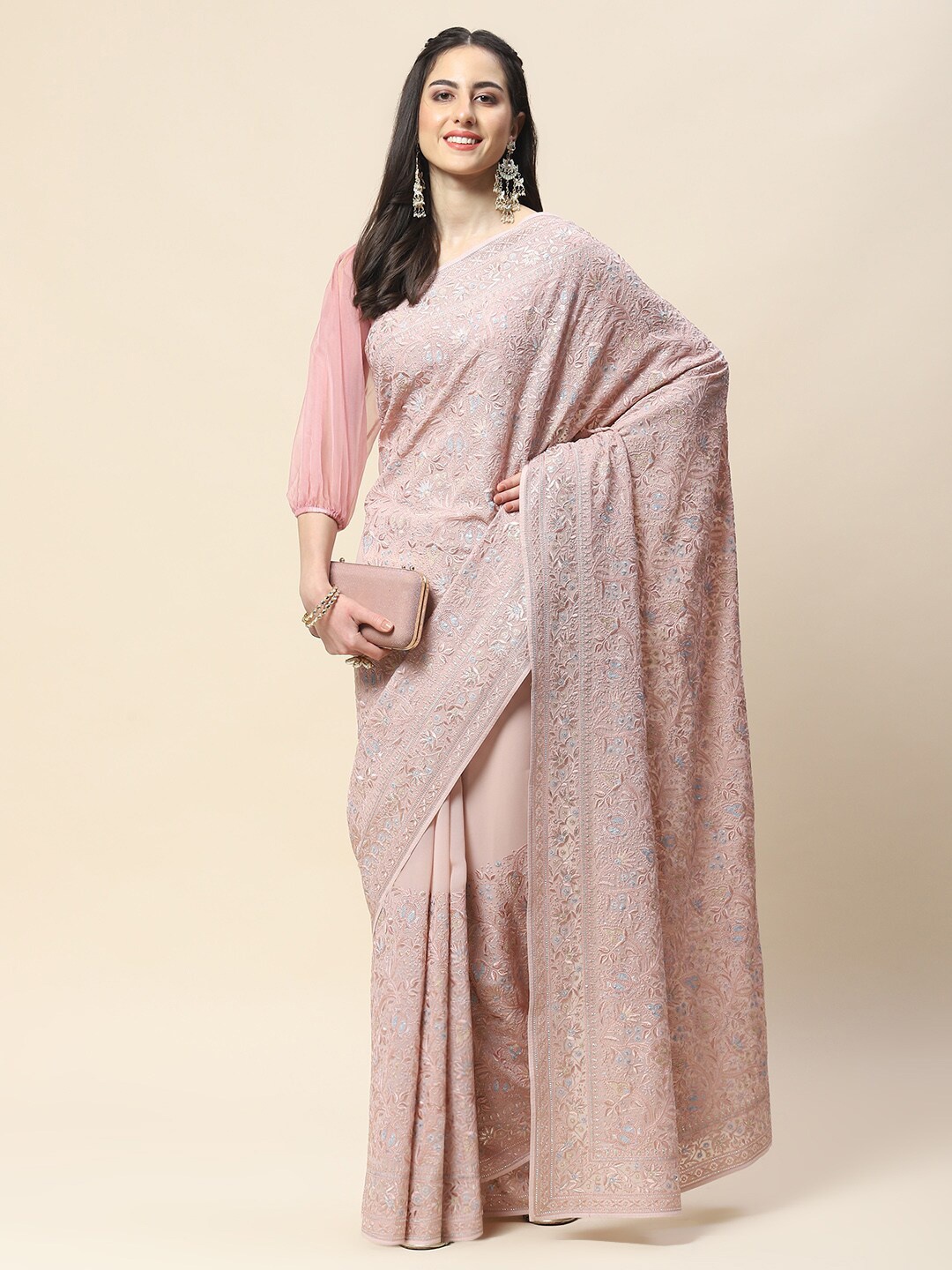 

Meena Bazaar Floral Embroidered Heavy Work Saree, Peach